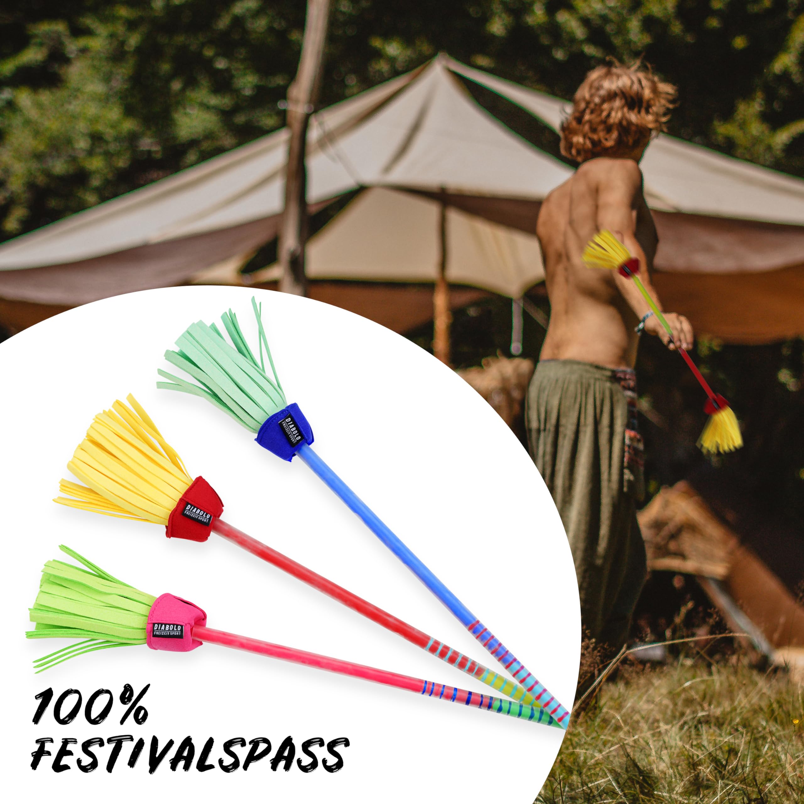 Diabolo Freizeitsport Flowerstick Pro Short (amarillo-rojo) – palo corto de fibra de vidrio con 2 palos, reactivo UV, pintado a mano, ideal para avanzados y profesionales