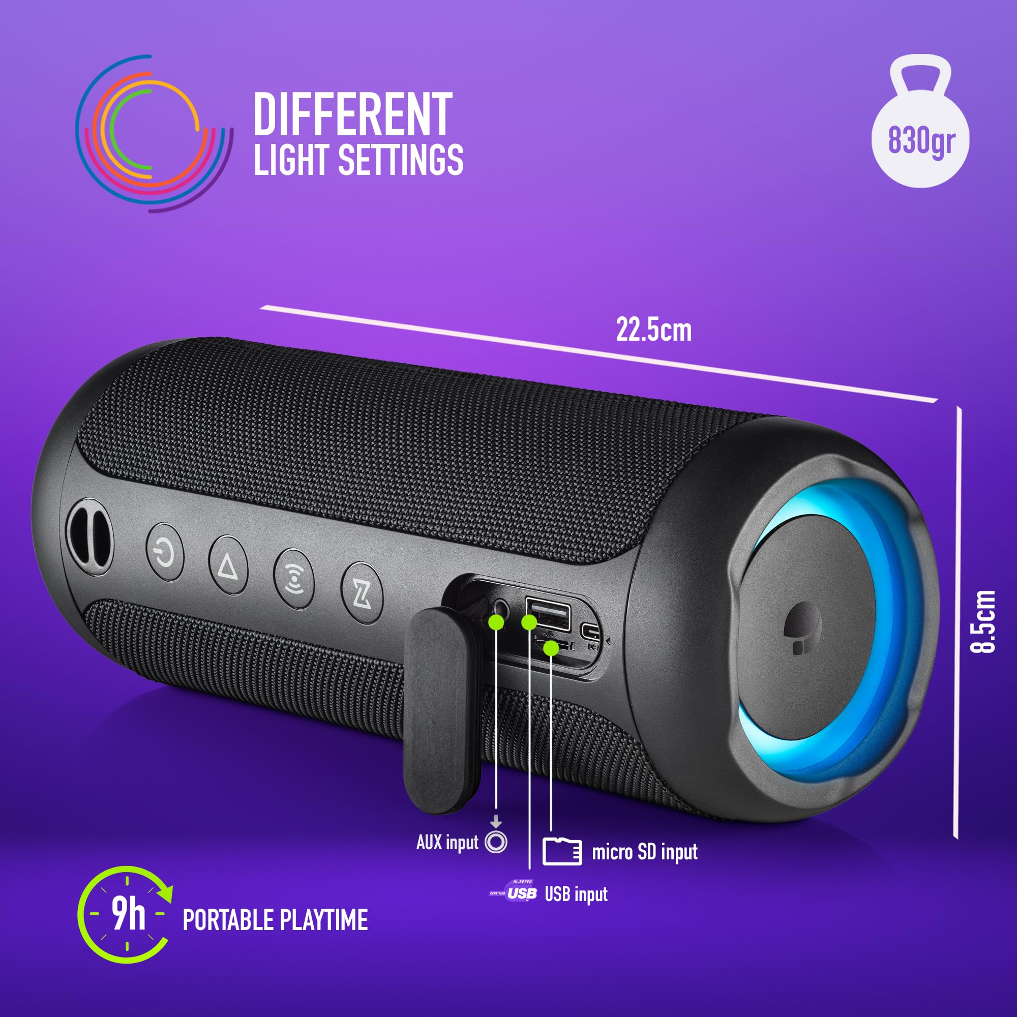 NGS Roller Furia 3 Black - Altavoz Inalámbrico Compatible con Bluetooth, Impermeabilidad IPX7, 60 W, True Wireless, USB, Duración Batería 9 Horas, Negro