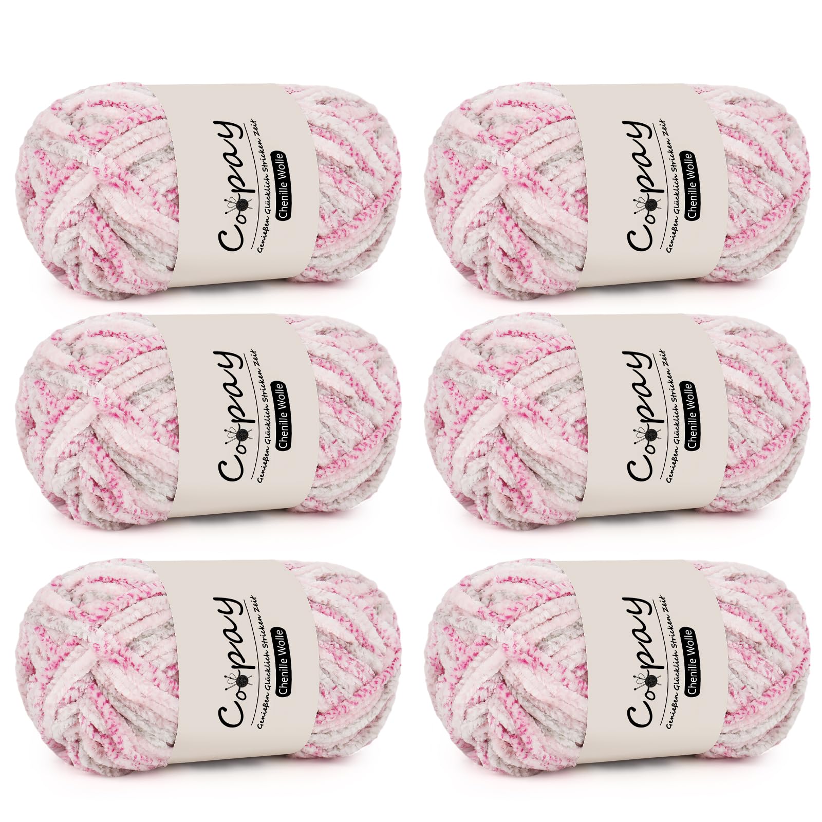 Coopay Chenille Wolle zum Häkeln, 6x100g Weiche Samtig Chenillegarn, Flauschige Dicke Wolle zum Stricken, Warme Plüschwolle Häkelgarn für Decken, Schals, Mützen