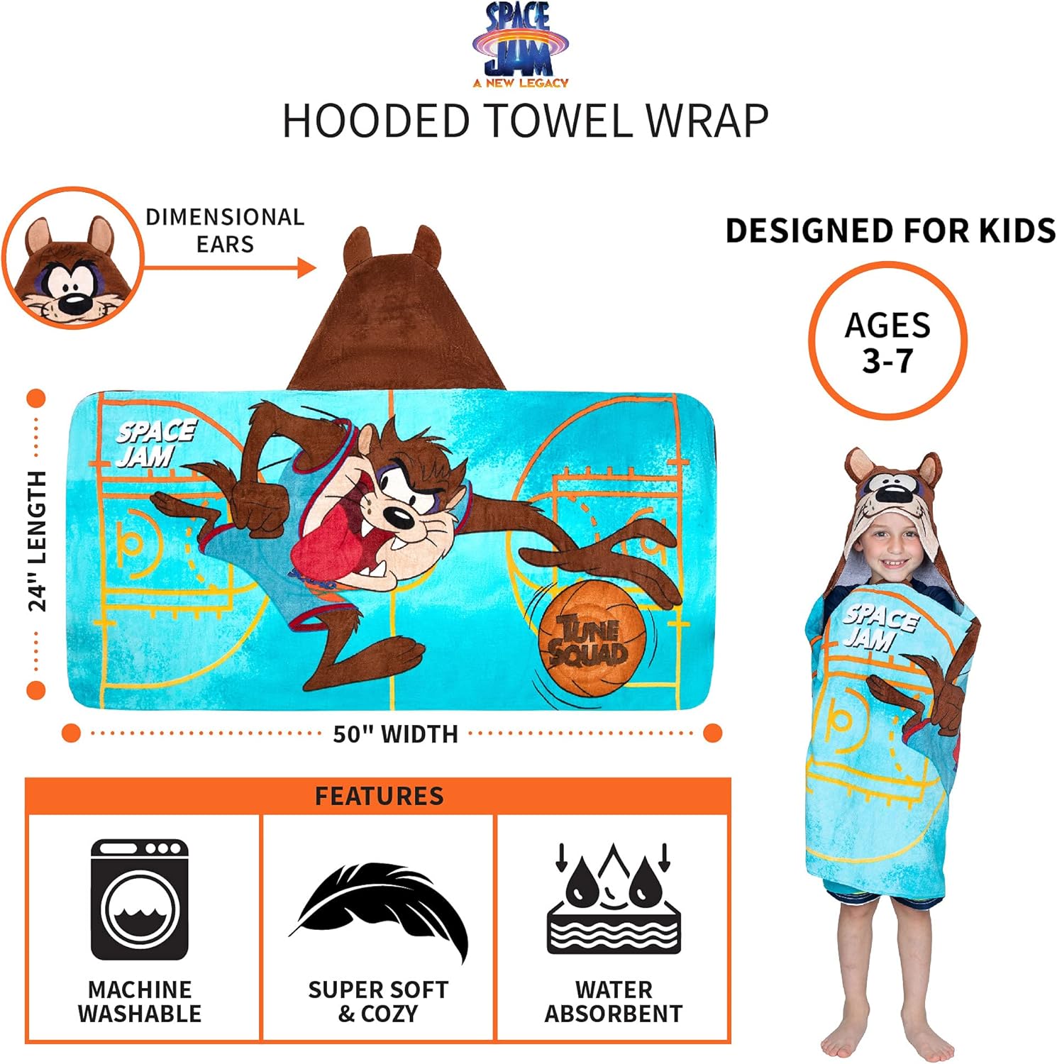 Franco Kids Bath and Beach Soft Cotton Terry Hooded Towel Wrap, 24 in x 50 in, Space Jam 2 A New Legacy