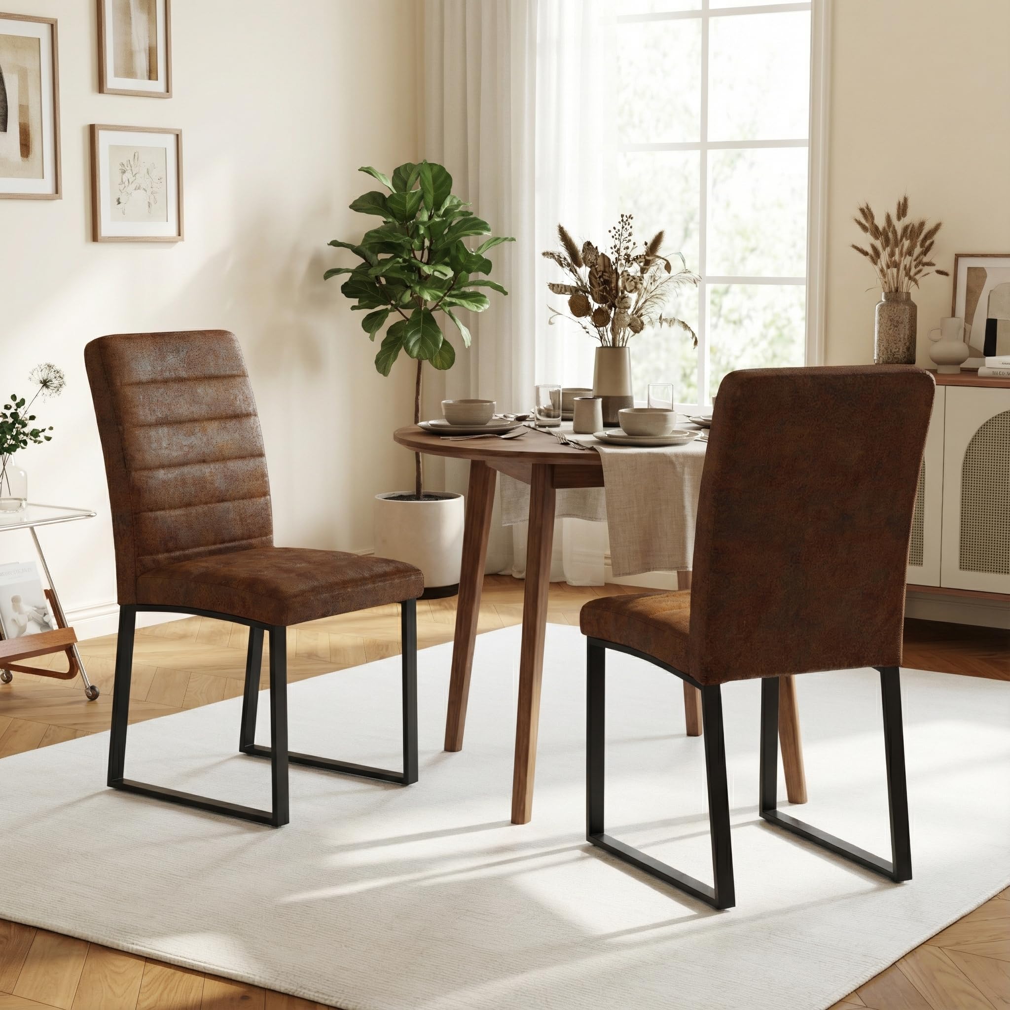 Hommoo Dining Chairs Set of 2, Faux Leather Upholstered Kitchen Chairs, Padded Seat Armless Dining Room Chair with Metal Leg, Modern Dinner Chair for Restaurant Living Room Brown
