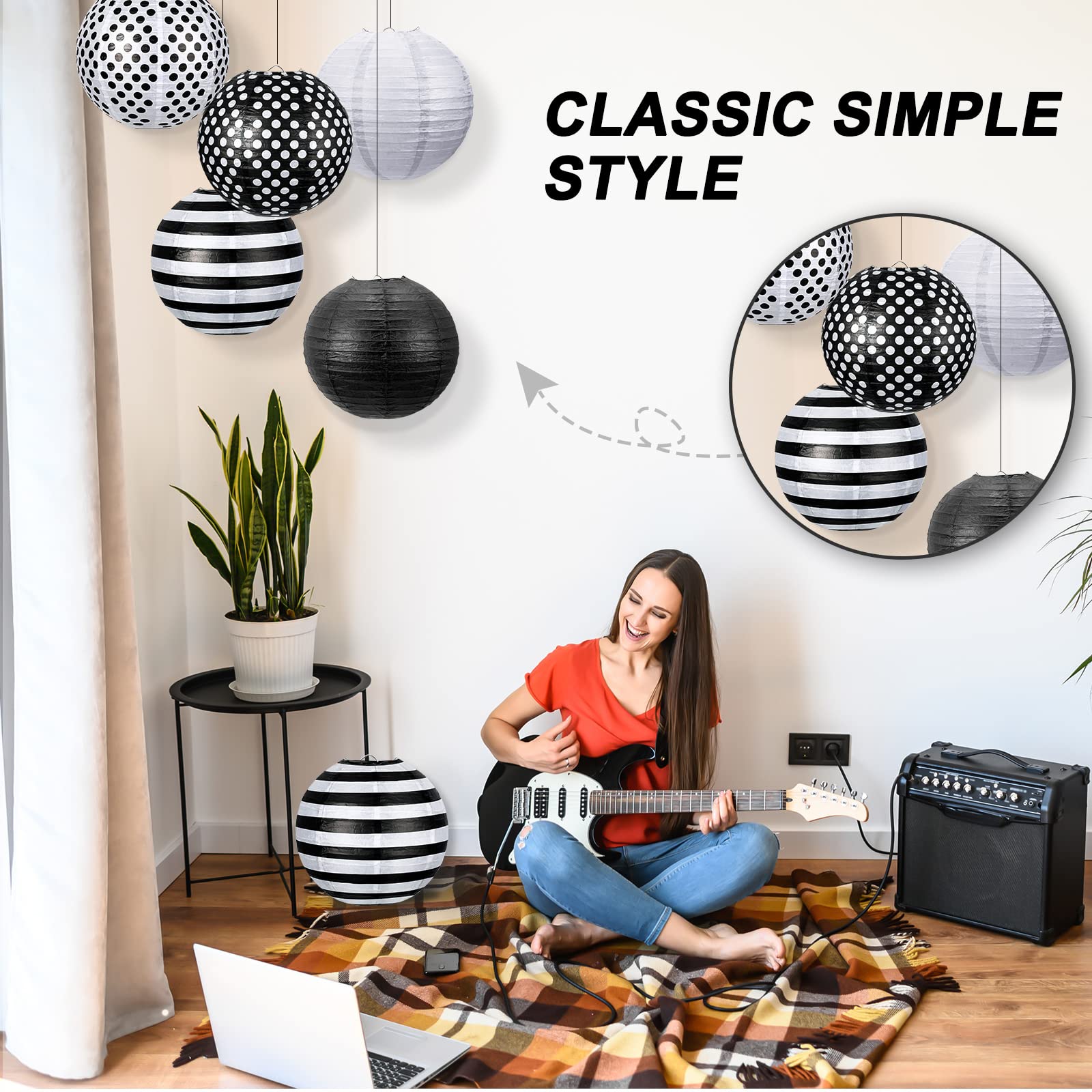 Hortsun 12 Pcs 12 Inch Black and White Paper Lanterns Black Striped Hanging Paper Lanterns Back to Japanese Chinese Lanterns First Day of Paper Lantern Lamps for Home Decor