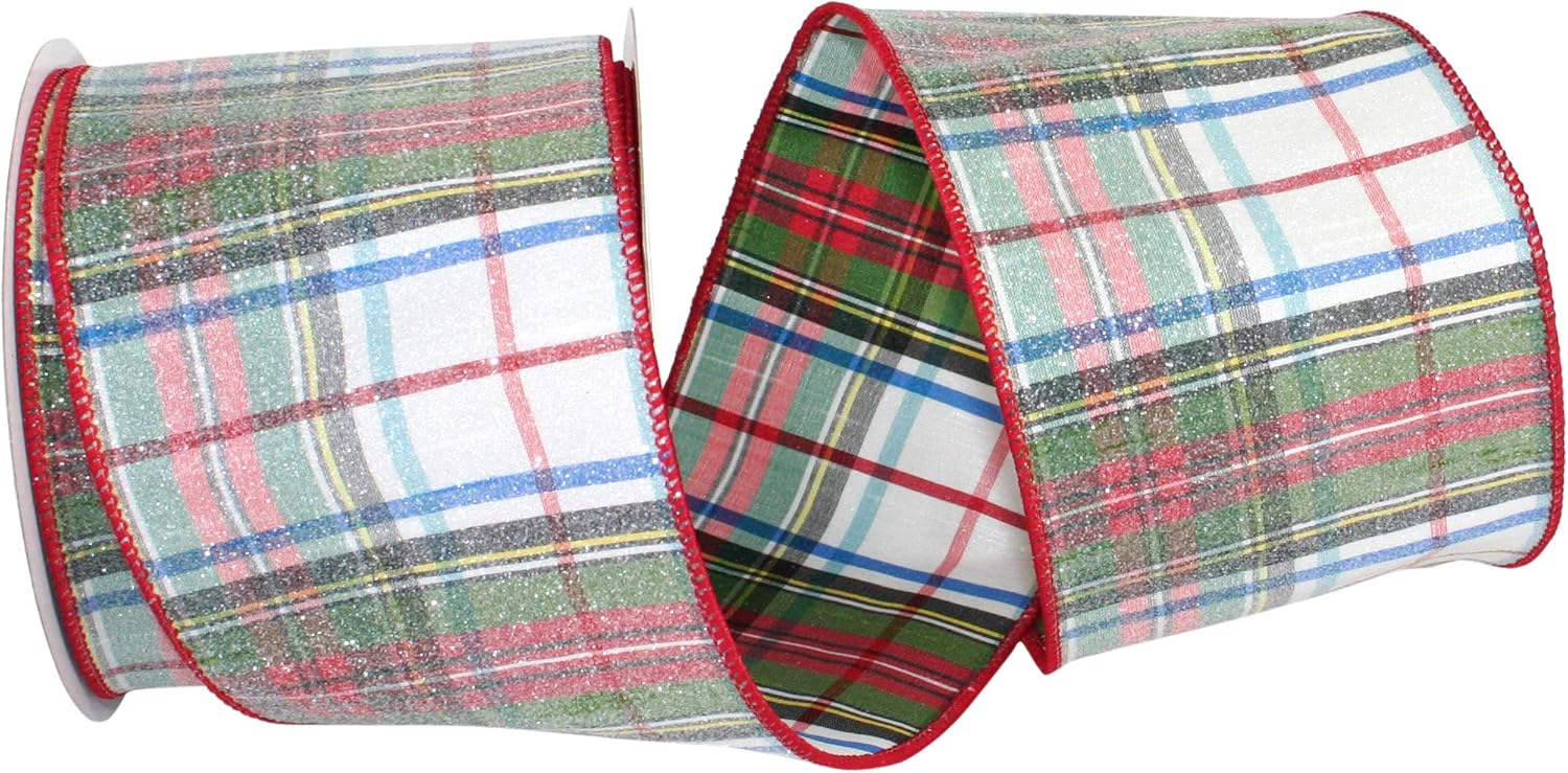 Reliant Ribbon Frosted Steward's Plaid Dupioni We Ribbon, 4 Inch X 10 Yards, White