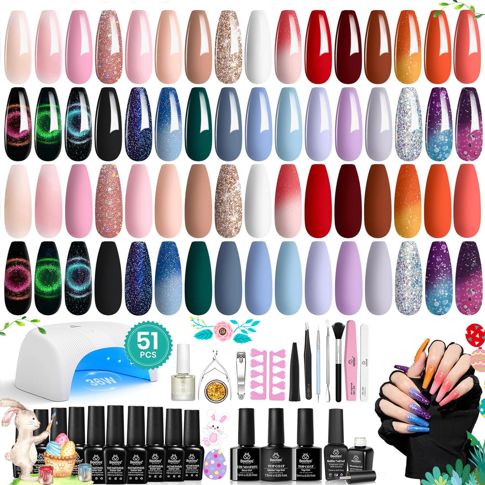 Beetles Gel Nail Polish Kit 32 Colors Pink Nude Red Color Changing Cat Eyes Gel Polish Set, with Uv Light 53 Pcs Gel Starter Kit Soak Off UV Base Top Coat Builder Blooming Gel Art Spring Gel Polish
