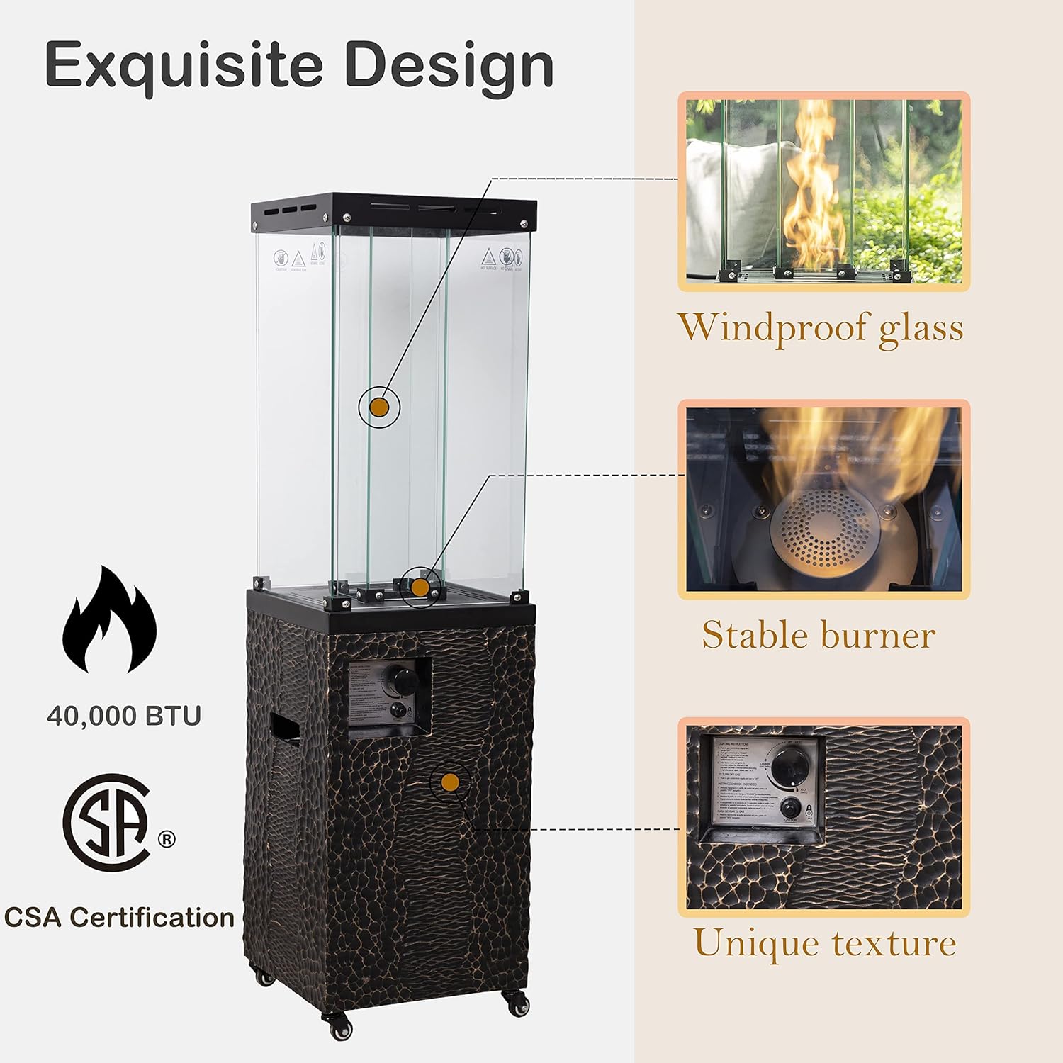 review Ehomexpert Outdoor Patio Heater for Garden Porch Patio Deck Backyard,40,000 BTU Outdoor Heater with Waterproof Cover and Windproof Glass,Black&Gold