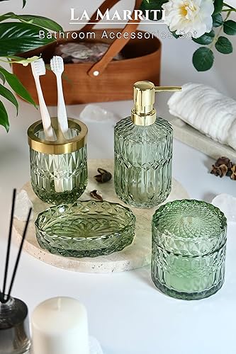 Miniatura 10 de Juego completo de accesorios de baño, 5 piezas de accesorios de baño de vidrio dorado transparente, juego de dispensador de jabón, jabonera, vaso,