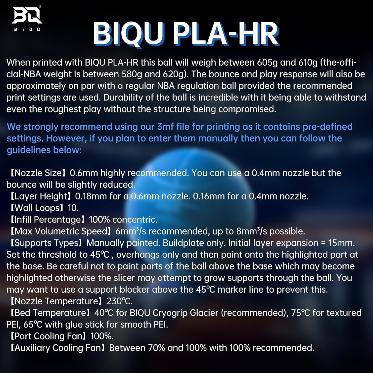 BIQU PLA-HR filament do drukarki 3D, 1,75 mm, 1 kg, filament do drukarki 3D, pasuje do większości drukarek 3D FDM, do drukowania bezpowietrznych piłek do koszykówki, trwałość i elastyczność, niebieski