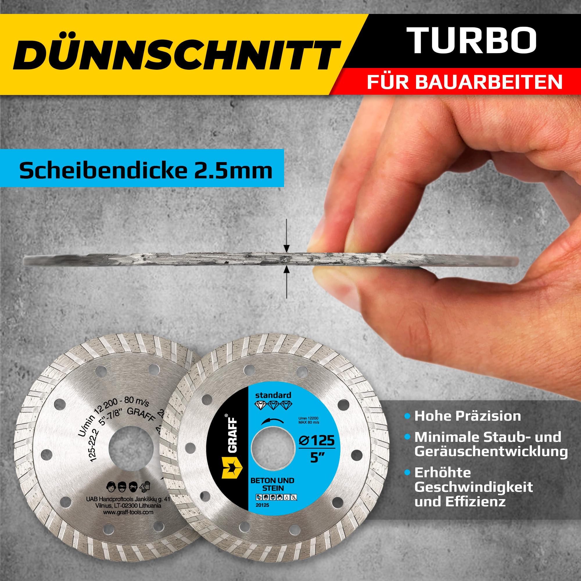 GVHAKG diamantschijf 125 mm, Turbo dun diamant doorslijpschijven voor tegels, graniet, marmer, beton, keramiek, baksteen, diamantschijf voor haakse slijper (3 stuks