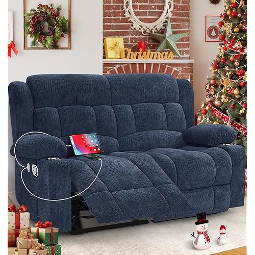 Loveseat Recliner Sofa, 2 Seater Minimalist Style Fabric Manual Pull Tab Reclining Loveseat with USB Charge Ports, Cup Holders, Recliner Love Seat Couches for Living Room, RV, Blue