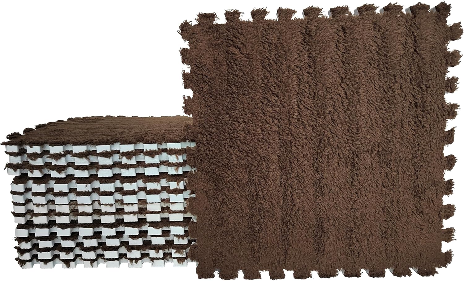 12 pcs Shaggy Soft EVA Foam Interlocking Carpet Fluffy Rugs Protective Floor Tiles Sport Play mats for Home Parlor, Bedroom, Children Kids Room (Brown)