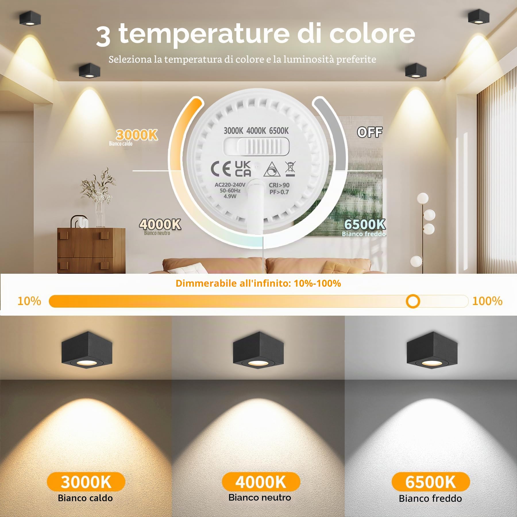 Faretto LED da Superficie IP44 Nero, Faretti da Soffitto quadrato Ø80x50mm con modulo LED 5W 550LM, 3CCT 3000K/4000K/6500K Faretti da Bagno 230V, Faretto Dimmerabile Extra Piatto, Alluminio, 2pcs