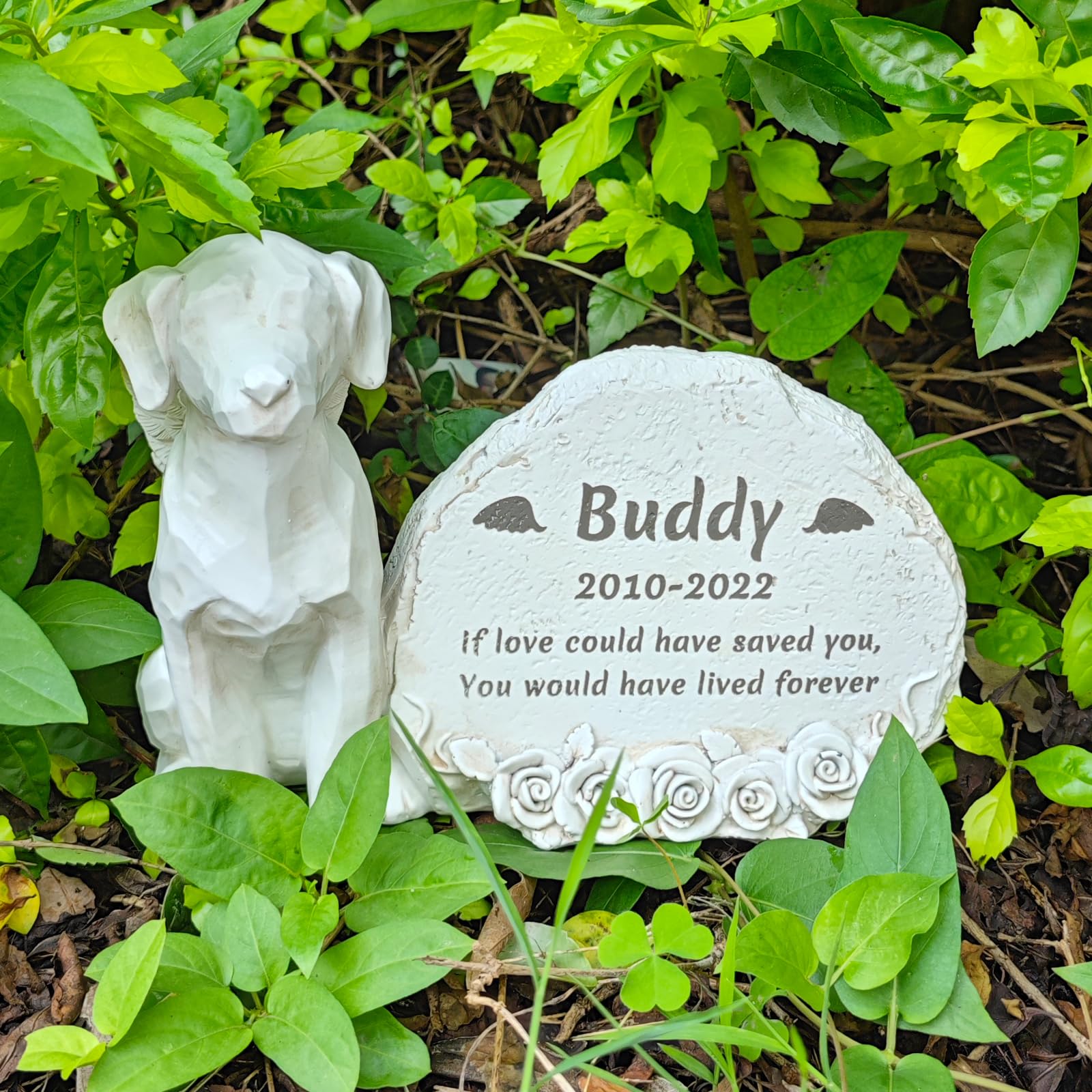 JHB Personalized Dog Angel Memorial Stone Engrave with Any Message, Pet Dog Memorial Grave Marker with Angel Dog Statue, Dog Cemetery Headstone, Dog Tombstone Gravestone, Loss Dog Memorial Gifts