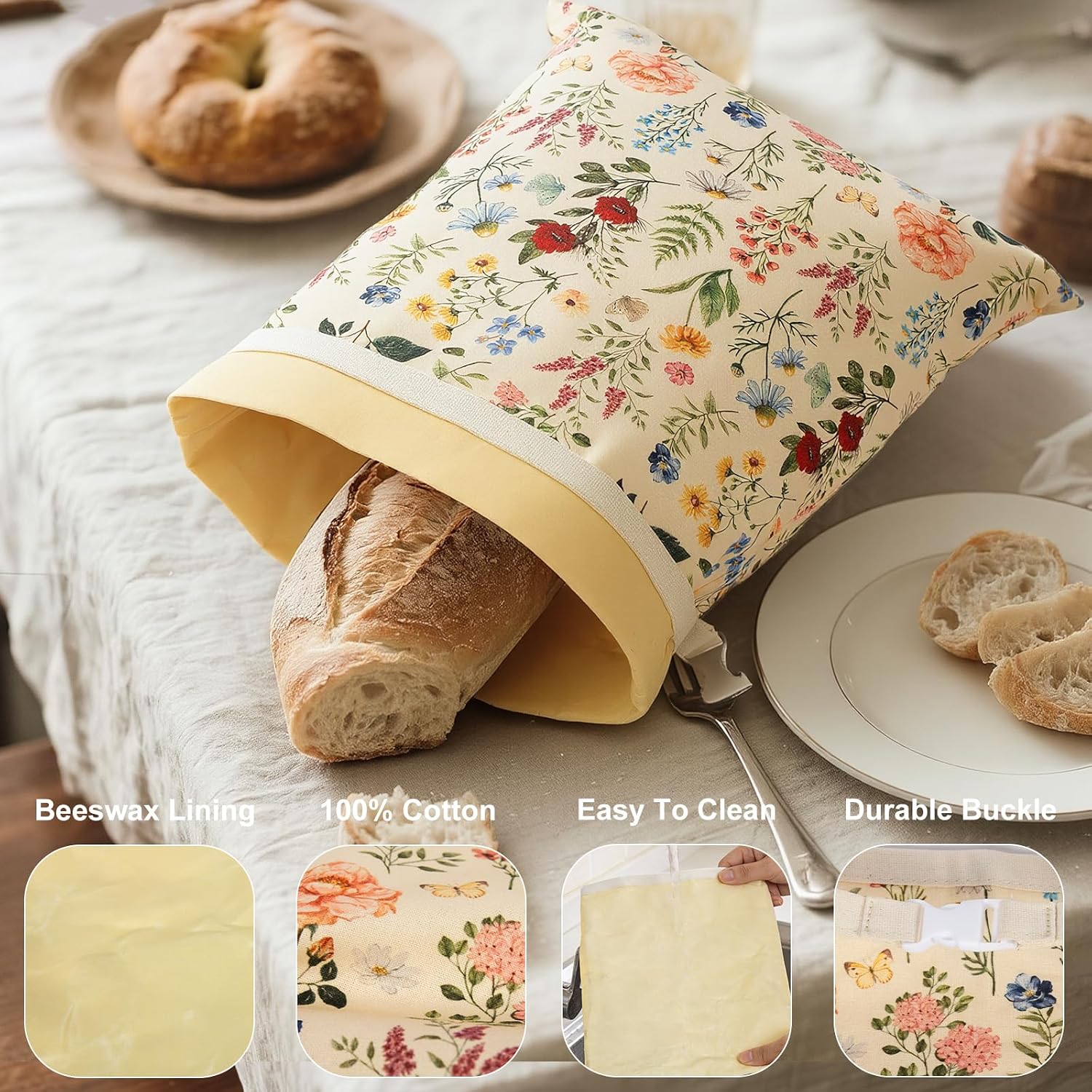 Reusable Beeswax Bread Bags for Homemade Bread & Sourdough, 2-Pack XL Airtight Food Storage Bags, Organic Cotton Linen Covers - Freezer-Friendly Freshness Preservation Keeps Fresh Longer image 2