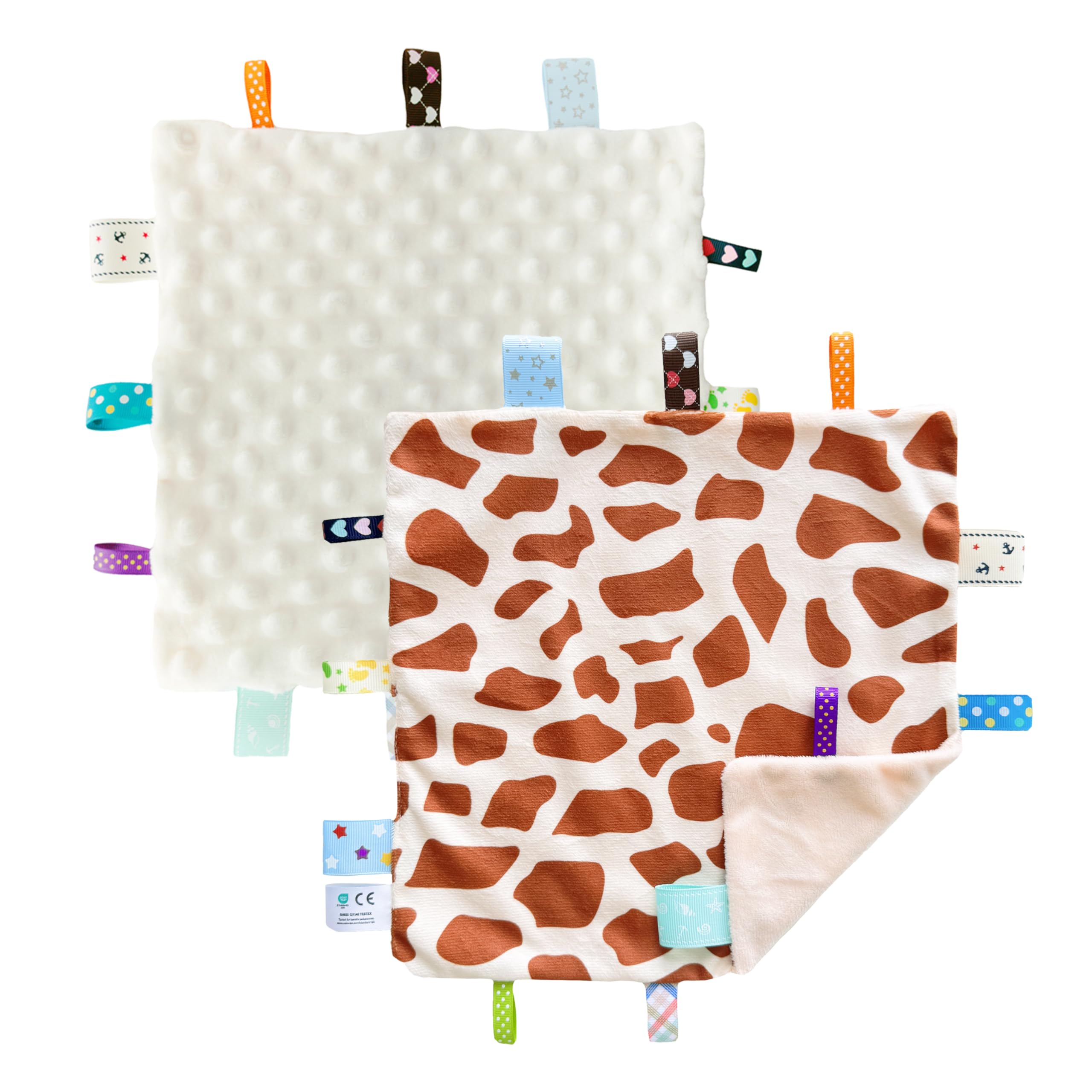 CREVENT Tag Security Blankets for Babies, Soft Small Loveys for Boys, Baby Comforter Sensory Blanket, Great Gifts for Birthday Baby Shower (24X24cm GiraffeDot+Ivory)