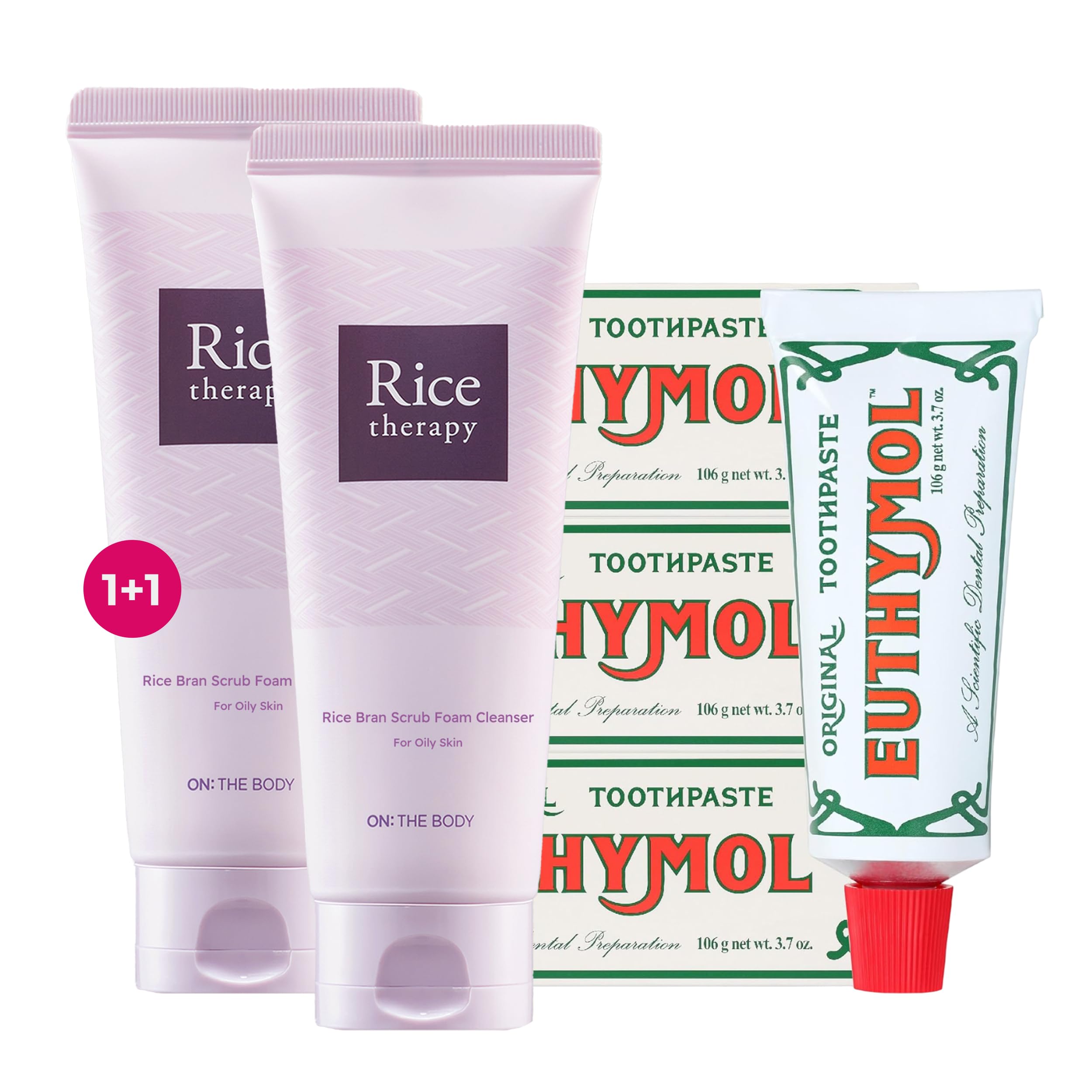 Rice Therapy Rice Bran Foam Cleanser (5.1+5.1fl oz, Pack of 2) + EUTHYMOL Original Toothpaste (3.7fl oz, Pack of 3) - Deep Cleansing Foam for Oily Skin & Fluoride-Free Toothpaste, Cavity Prevention