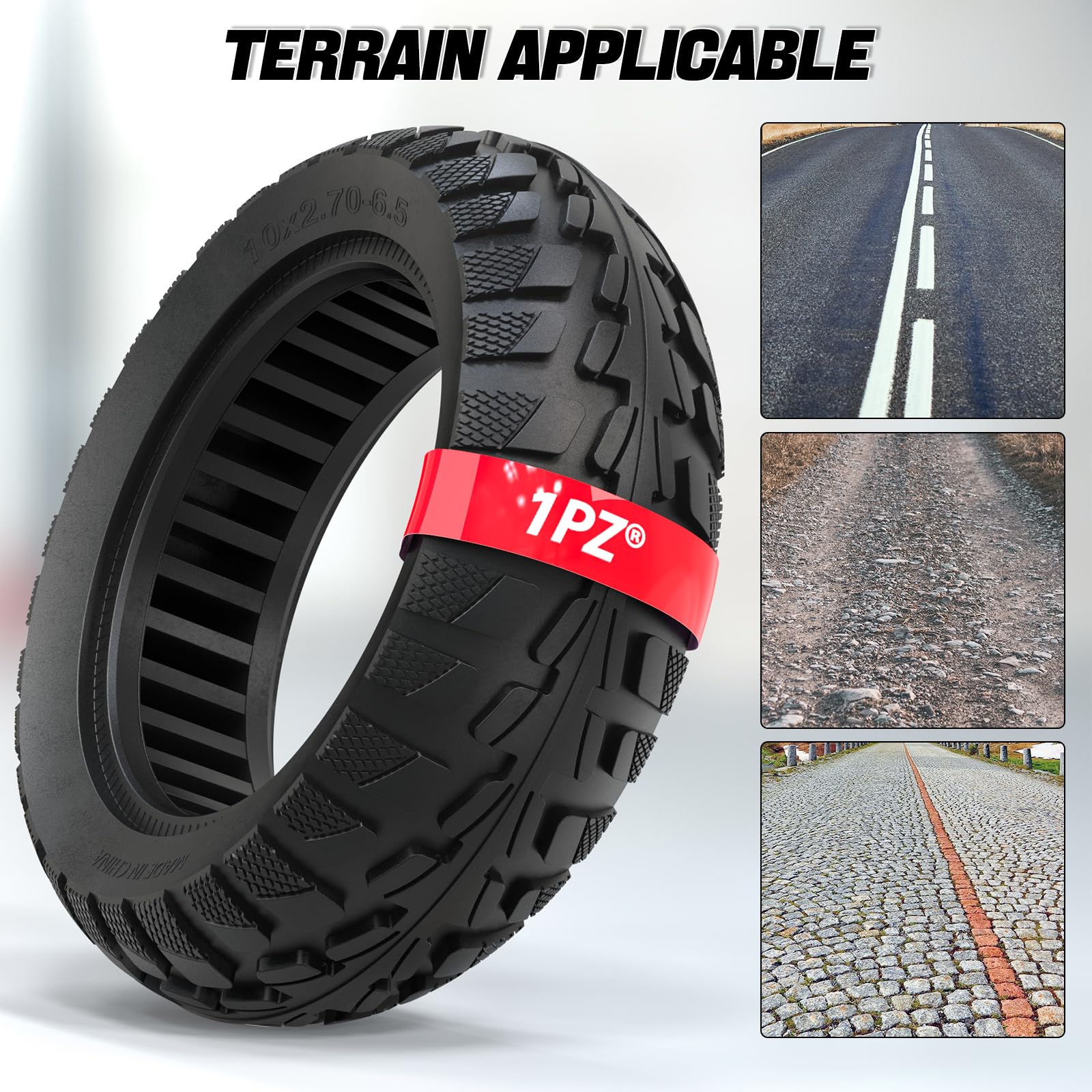 1PZ FM8-S27 Pneu Plein 10 Pouces pour Trotinette Électrique Tout-Terrain - 10x2.70-6.5 - Compatible avec UrbanGlide E-CROSS PRO (avec 1 Démonte-Pneu)