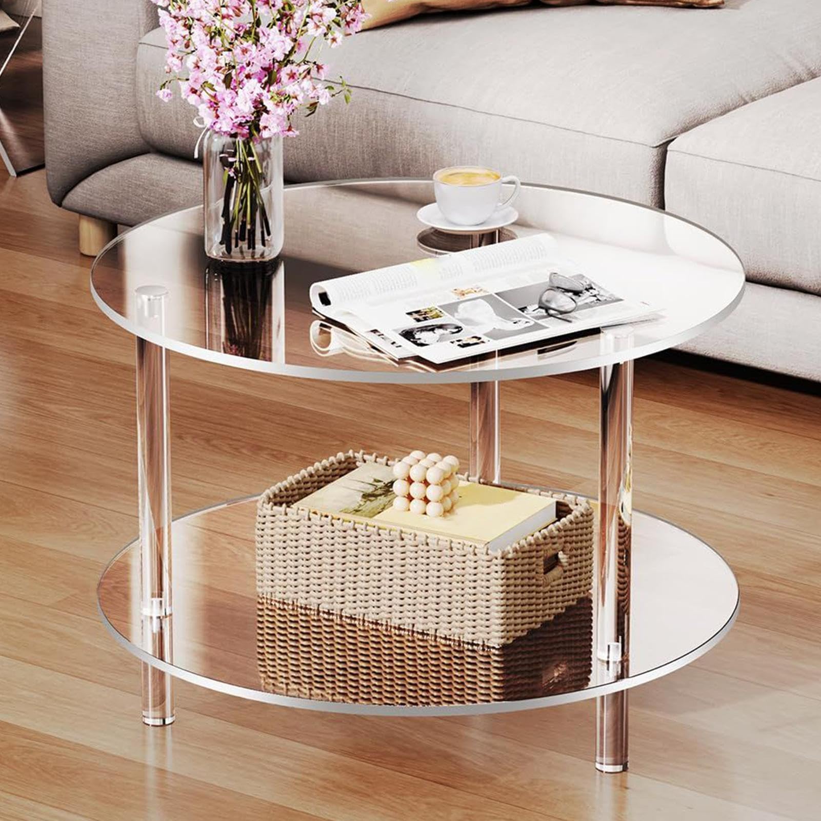 Générique Table D'appoint Ronde Transparente en Acrylique, Petite Table Basse Ronde Moderne, Tabl-e Centrale Double Couche, pour Étroits, Salons Et Chambres, 40 X 40 X 42 Cm