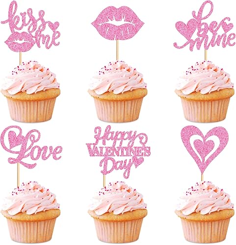 Cyodoos 24 piezas de decoración para cupcakes con purpurina para el día de San Valentín, corazón de amor, beso me amor, sé mío, para cupcakes