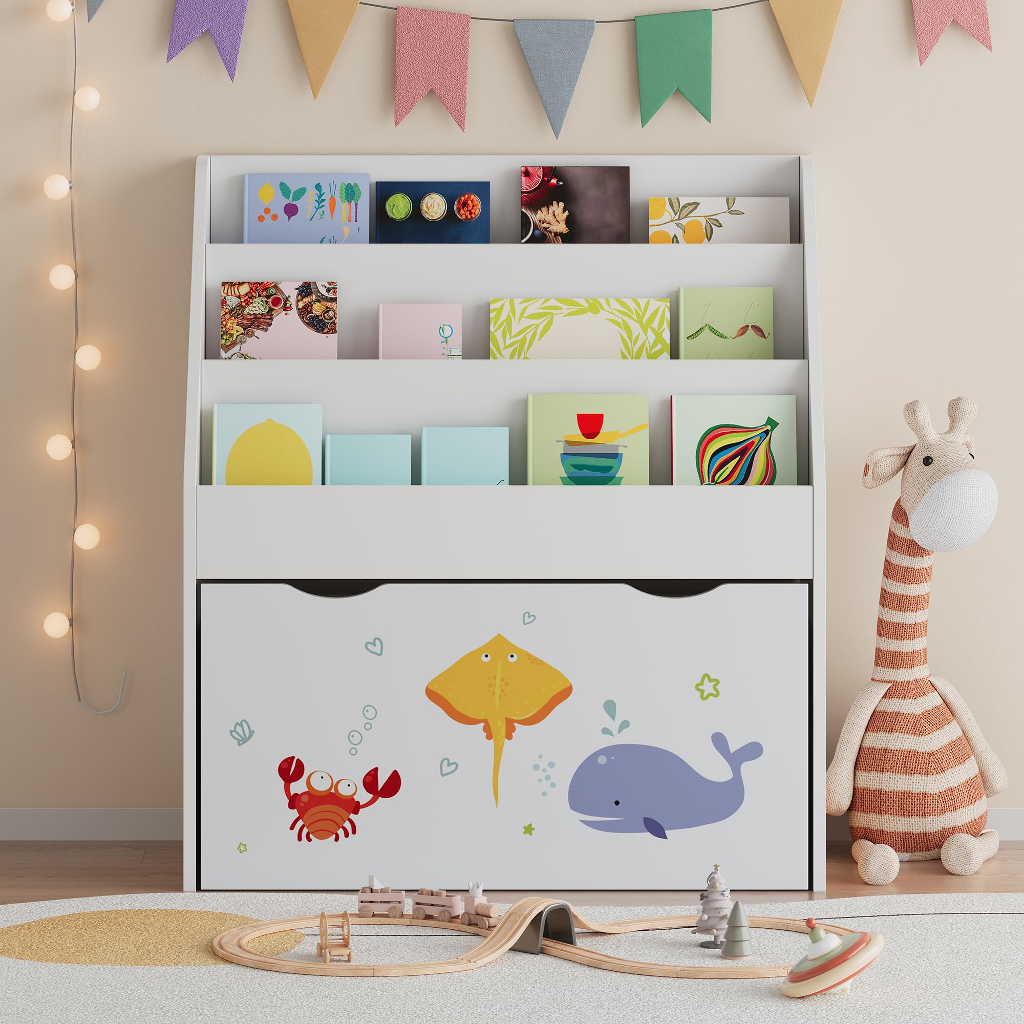 [en.casa] Étagère pour Enfants avec 3 Compartiments de Rangement Ouverts et 1 Tiroir sur roulettes Meuble de Stockage Coins Arrondis Panneau de Particules 70 x 63 x 30 cm Blanc Motif Aqua Dream