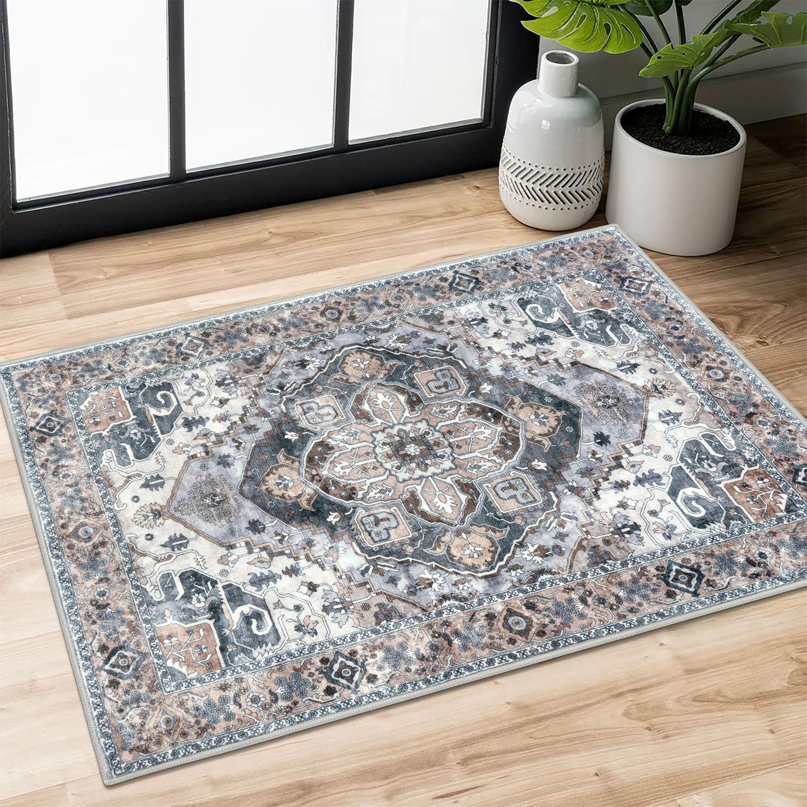 SIILOOM 2x3 Washable Area Rug, Ash Taupe Blue Soft Rug for Entryway, Non-Slip Indoor Door Mat Boho Low-Pile Kitchen Rugs, Floor Vintage Carpet for