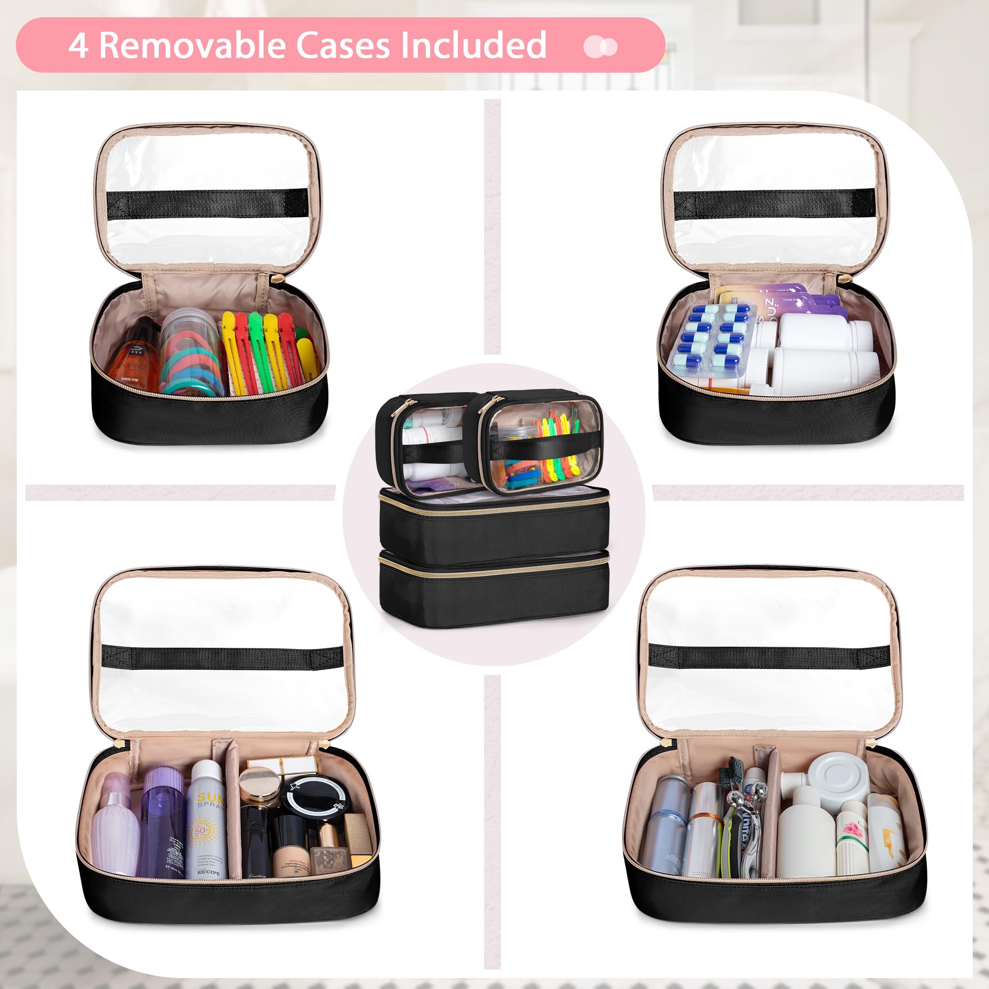 Neceser extragrande para mujer con 4 estuches individuales, bolsa organizadora de maquillaje de viaje grande con bolsillo para herramientas para el cabello y compartimento para brochas de