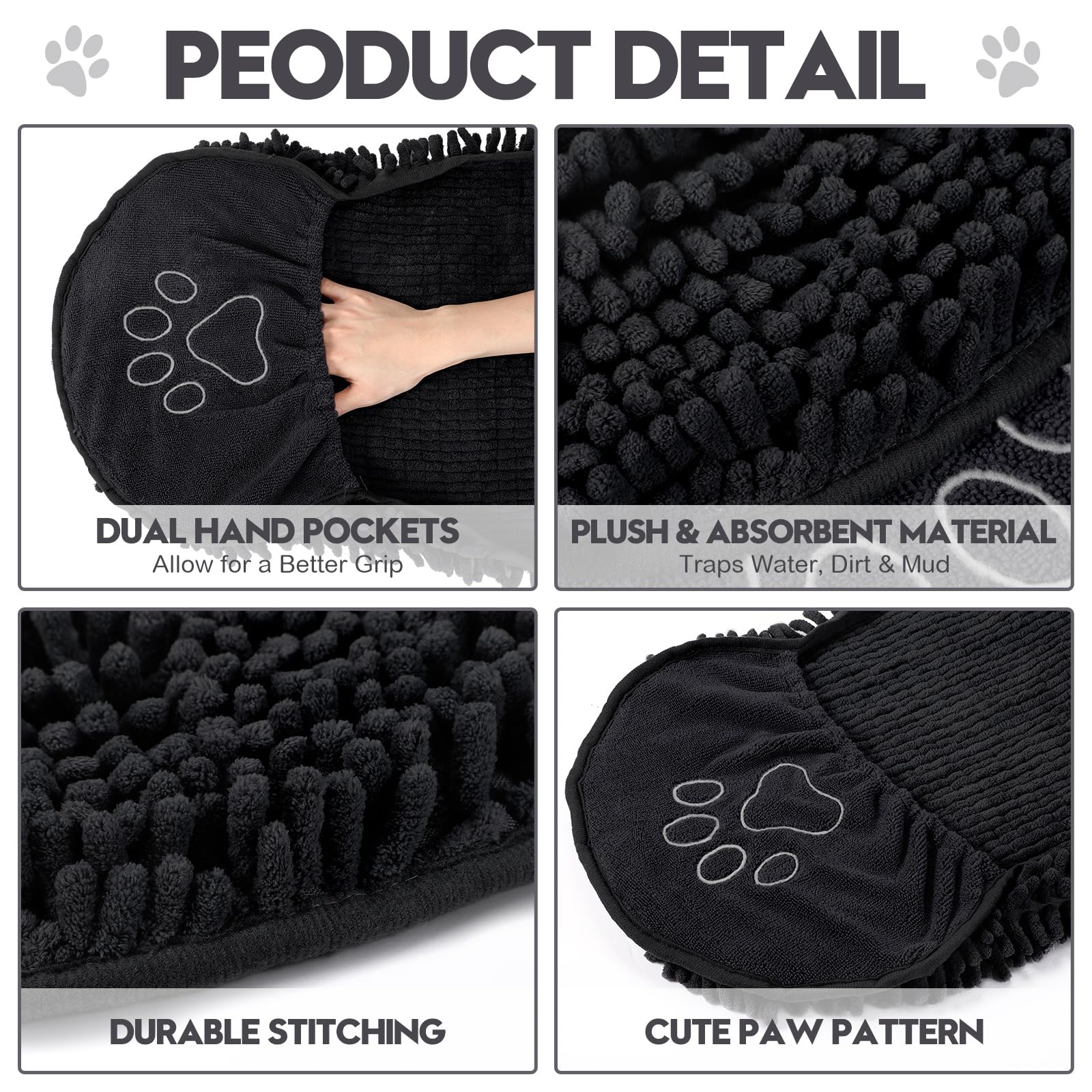 Newwiee 4 toallas de microfibra de secado rápido para perros, grandes, ultra absorbentes, de 32 x 14 pulgadas, con bolsillo para las manos, tela lavable para perros, para limpieza de mascotas,