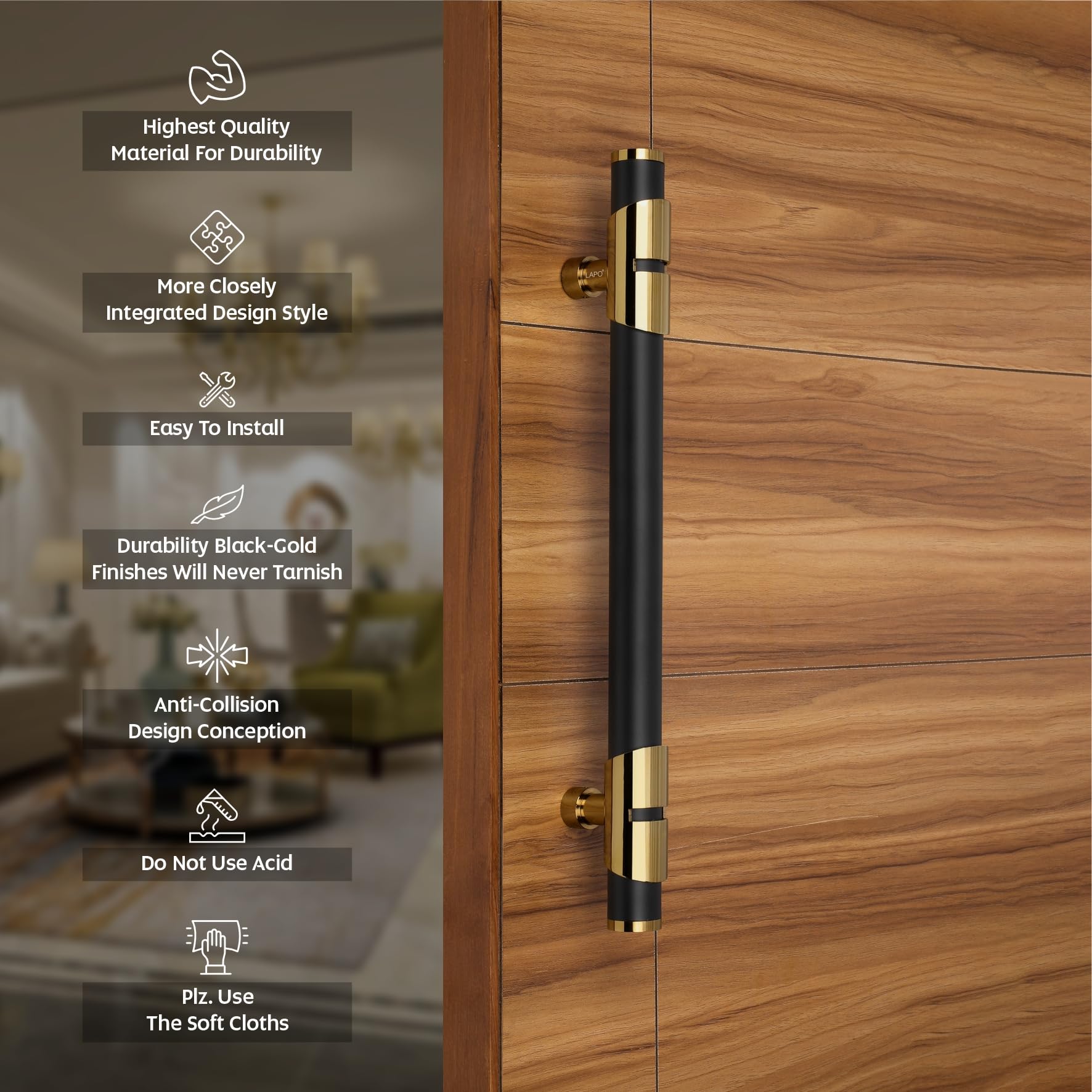 LAPO Door Handle for Main Door 60 inch, Wooden & Glass Door Handle, Door Pull Push Handle,Stainless Steel Pipe and Brass Base-Pack of 1 | Black-Gold Finish | 3 Years Warranty — Amazon image 3