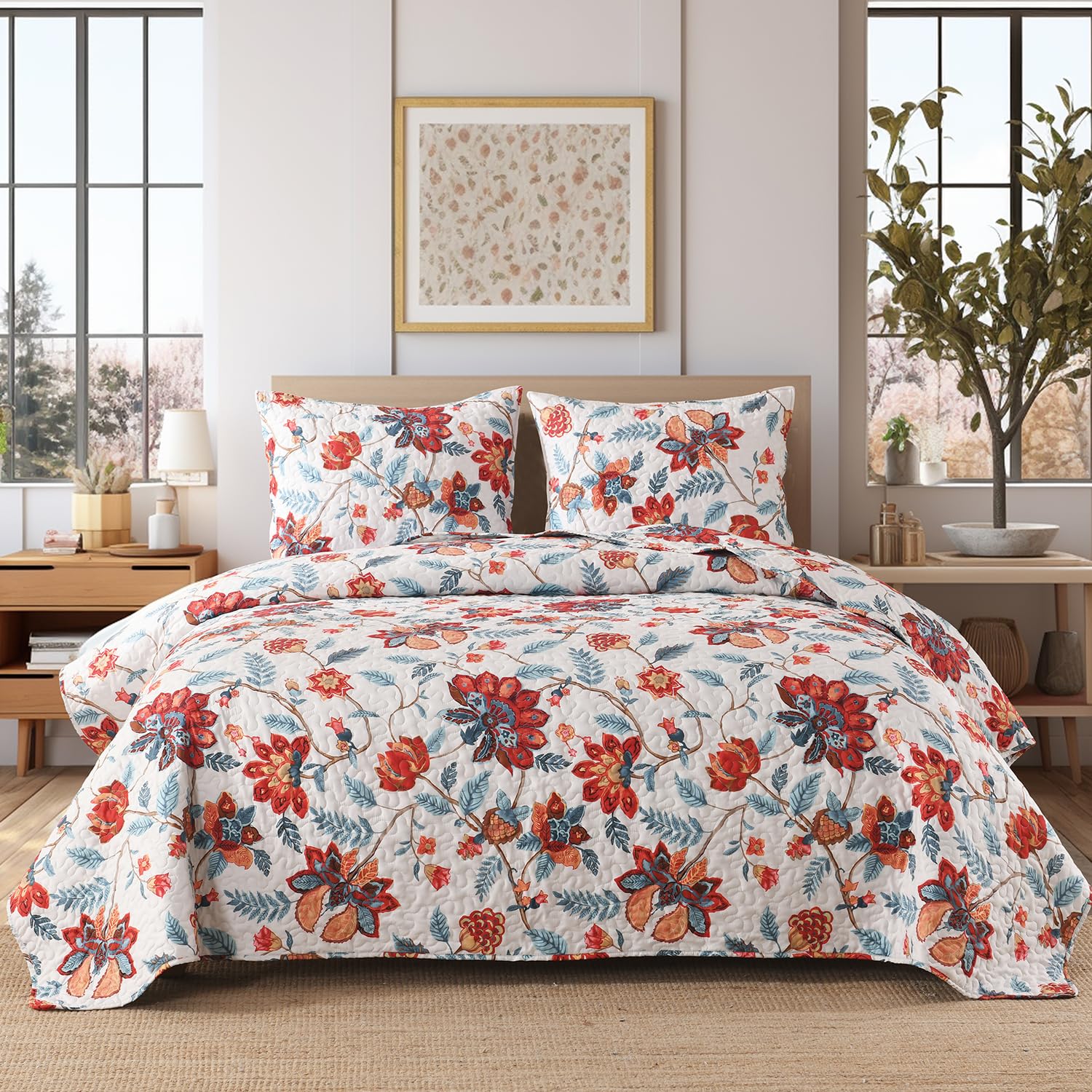 HORIMOTE HOME Jacobean Floral Quilt Set King Size, Quilted Printed Bedspreads Bedding Sets Cream, Lightweight Botanical Bed Coverlet for All Seasons 3 Pieces