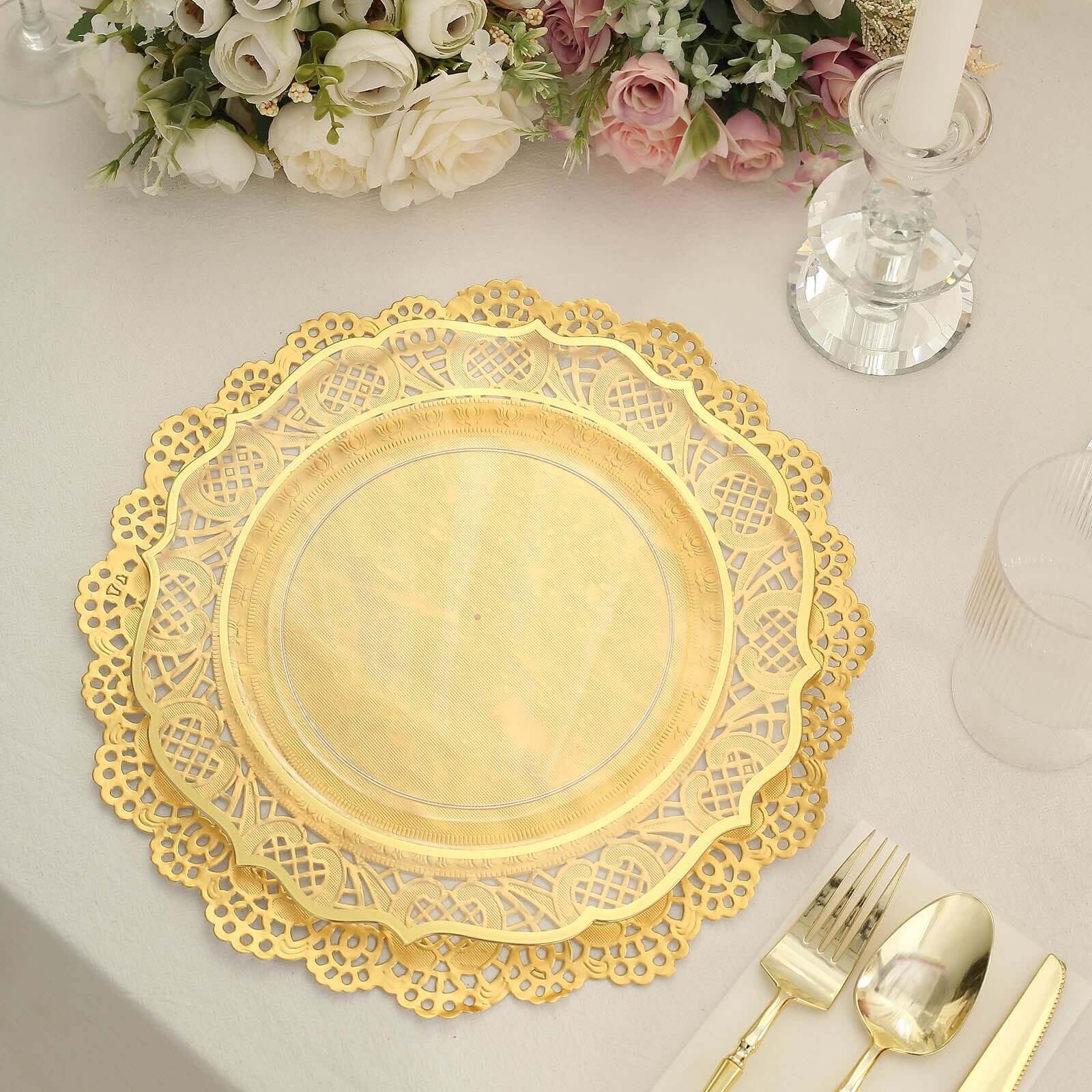 Tableclothsfactory 50 Pack Round Gold Paper Doilies, Food Grade Lace Paper Placemats - 12