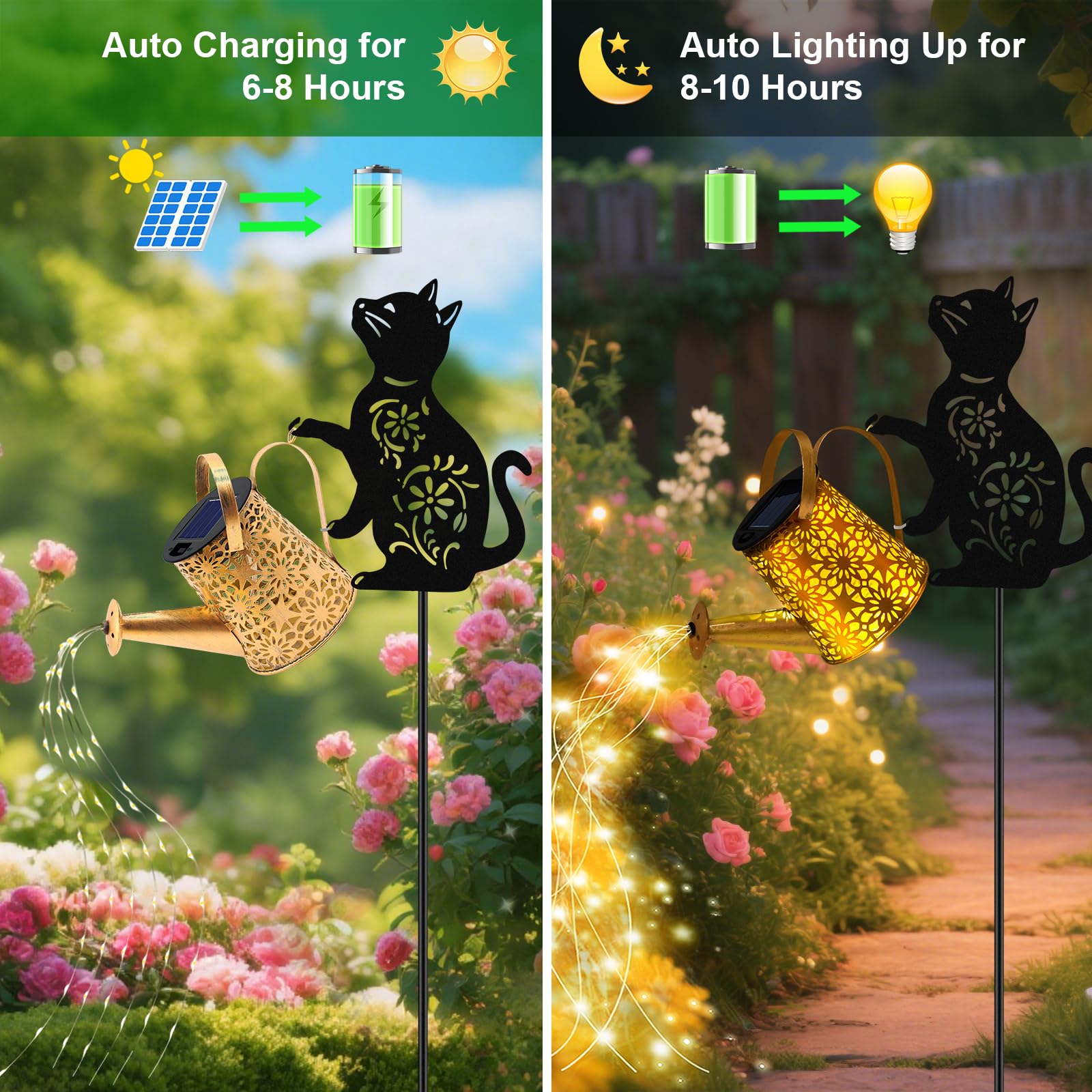 Luces solares para regadera, linterna colgante de gato, luces solares al aire libre, regalos para amantes de los gatos, regalos para mamá, mujeres, cumpleaños, día de la madre, Navidad, decoración de