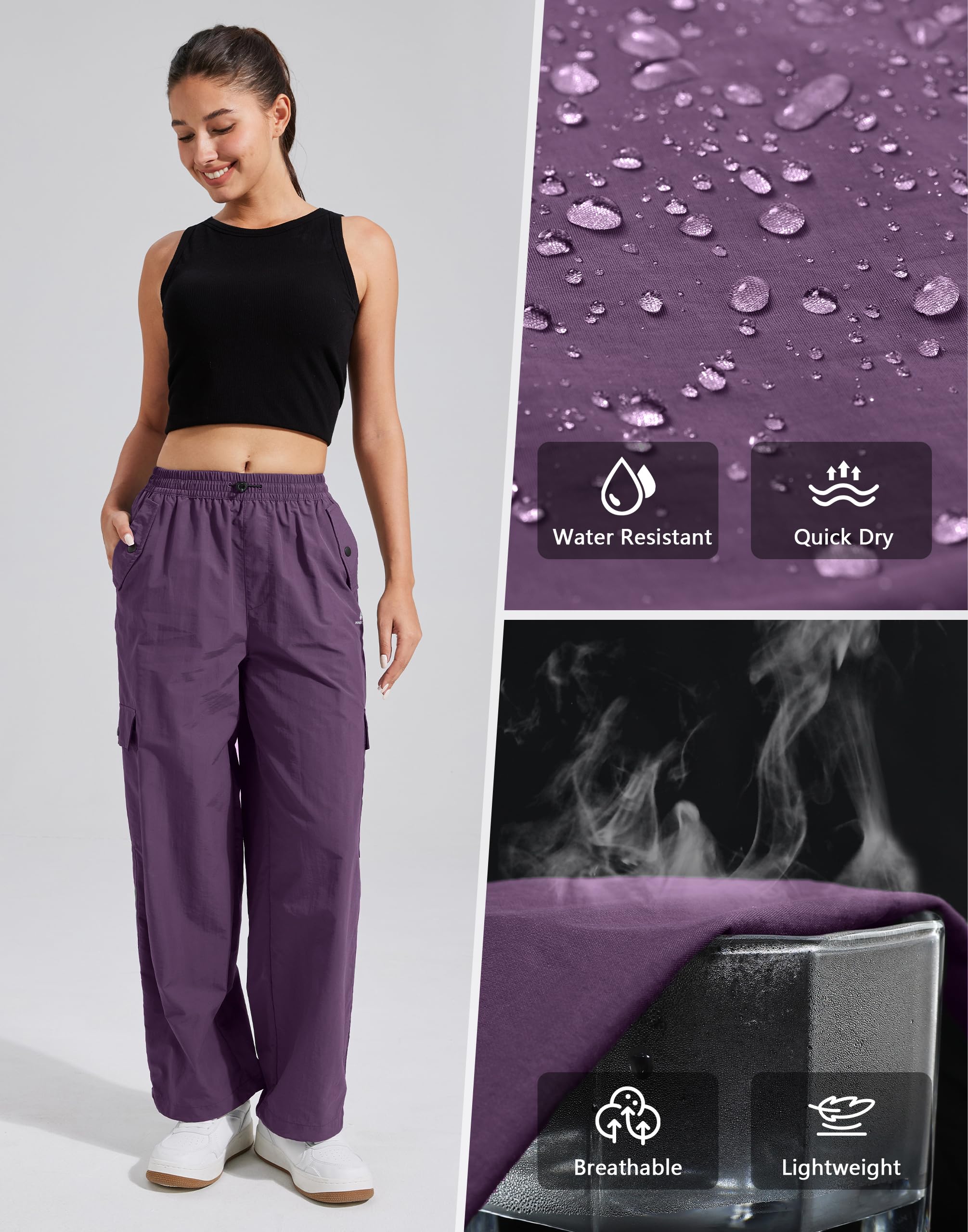 Pioneer Camp Pantalon cargo de parachute pour femme avec poches, taille haute, pantalon de randonnée à séchage rapide, léger, jambe large