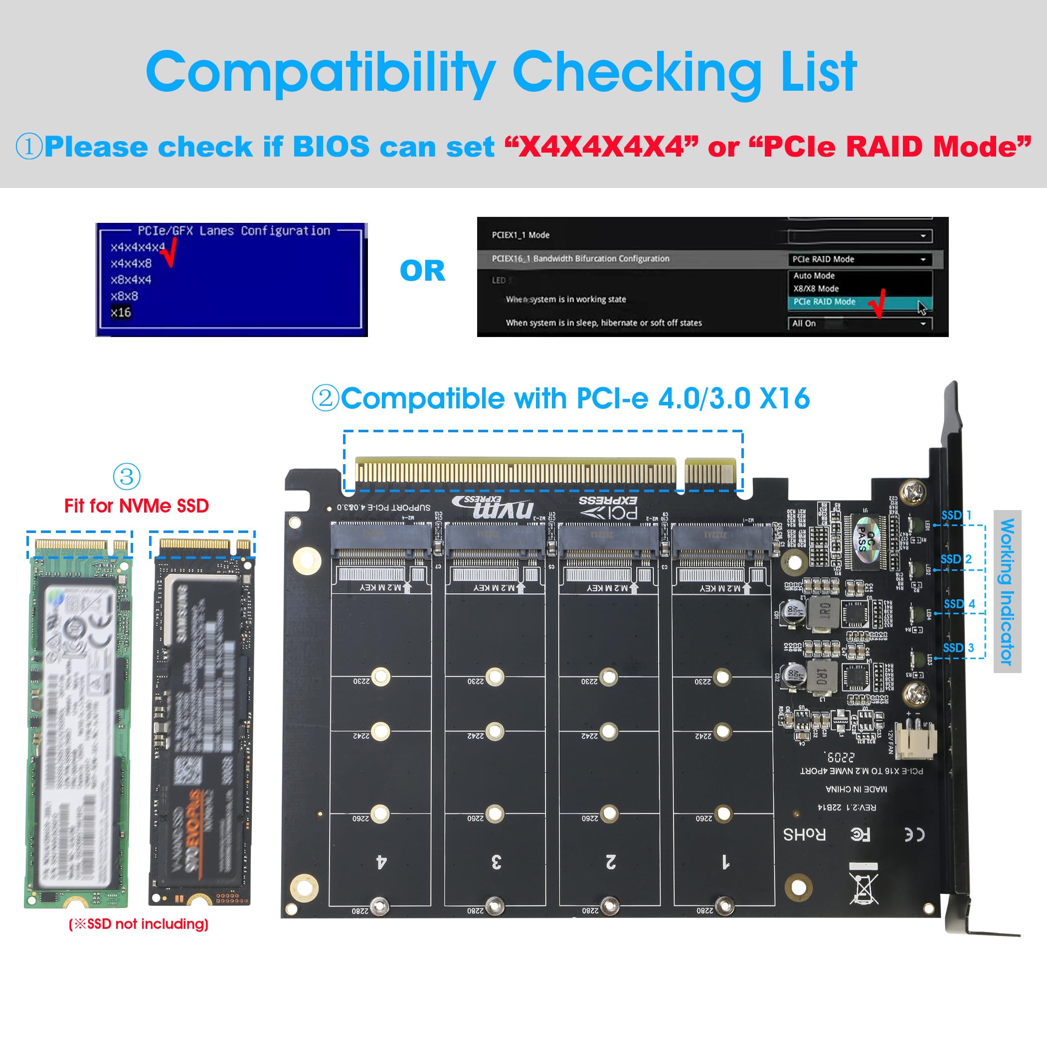 Amazon.com: Quad NVMe PCIe Adapter, RIITOP 4 Ports M.2 NVMe SSD to