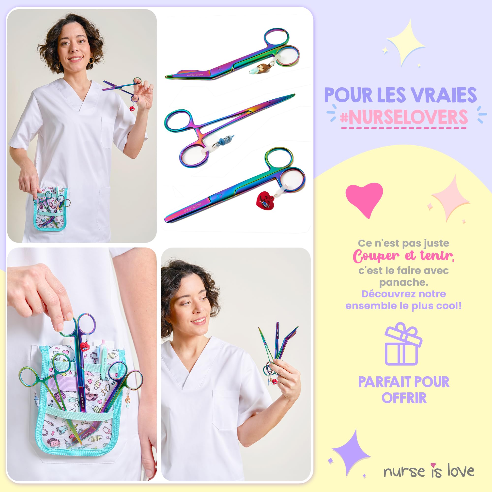 Nurse is Love Set 3 pièces Ciseaux Infirmiers Pico de Pato & Droits Mayo + Outil de Fixation | Ciseaux à Pointe Roma, Accessoires Infirmière, Premiers Secours - Cromium