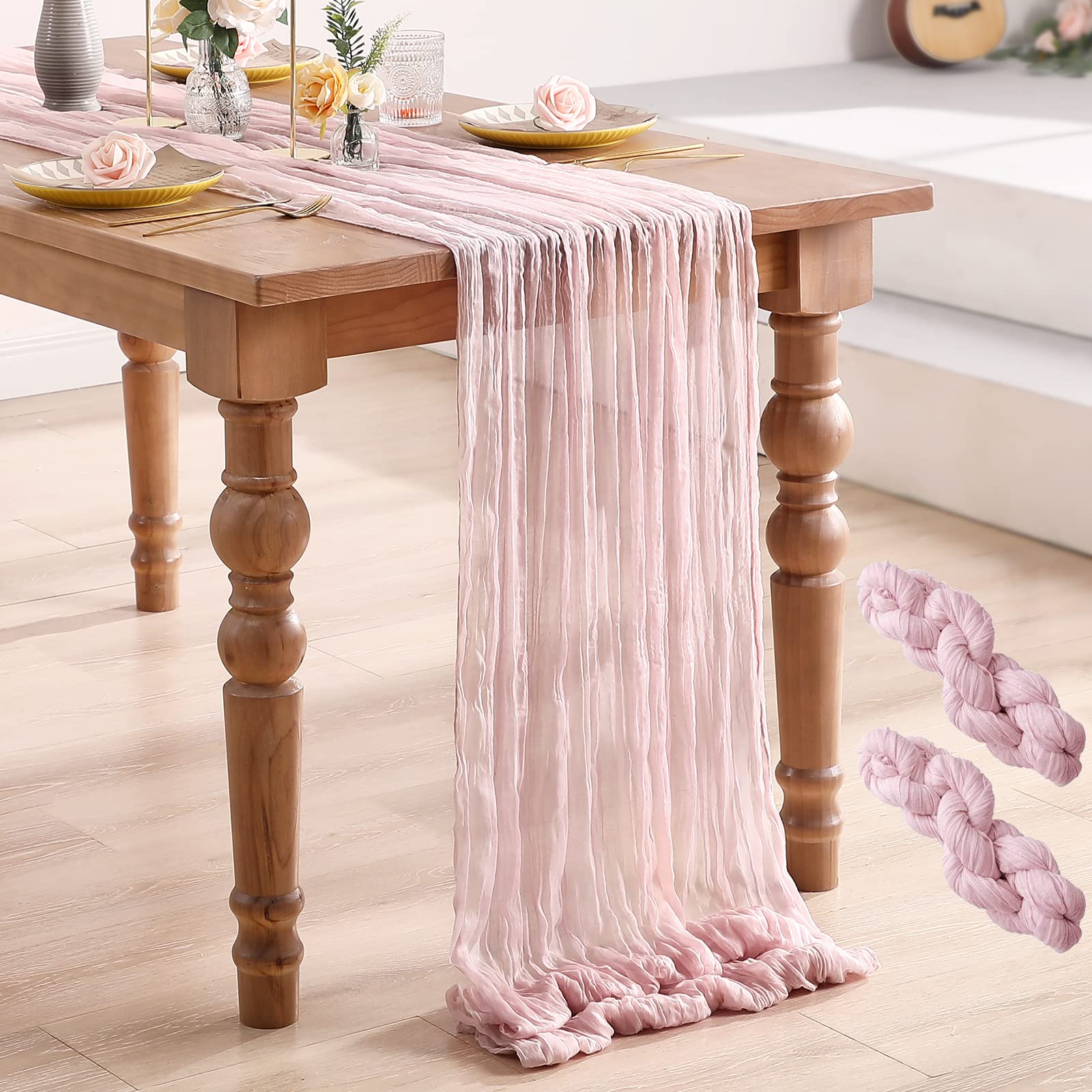 Serwalin 2PCS Cheesecloth Table Runner 13ft x 35" Gauze Table Runner for Wedding Reception Bridal Shower Baby Shower,Long Pink Table Runner 157” x 35”Rustic Boho Party Table Valentines Day Decor