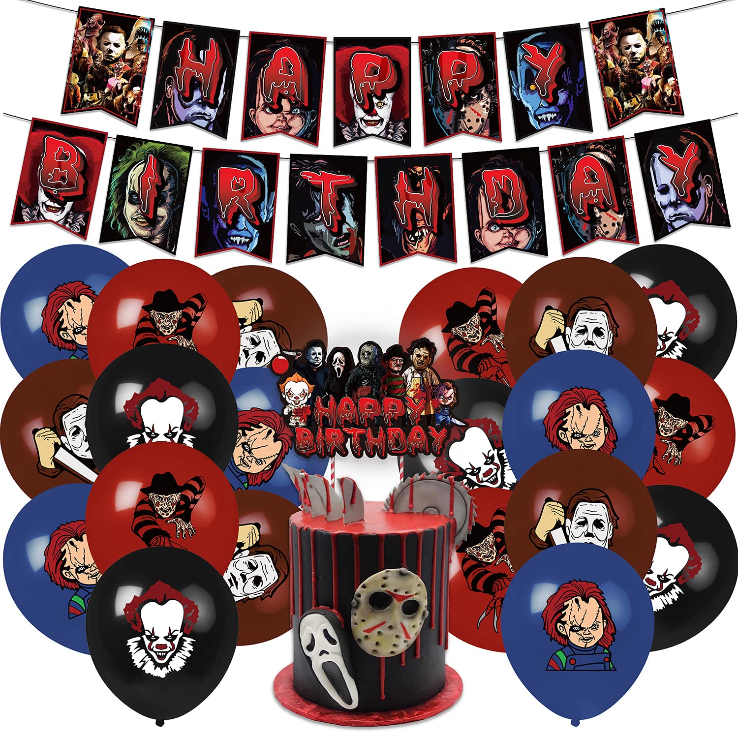 Horror Birthday Decorations, Horror Party Decorations, Horror Movie Decorations Include a Birthday Banner, Cake Topper, Horror Balloons for Halloween Birthday Decorations