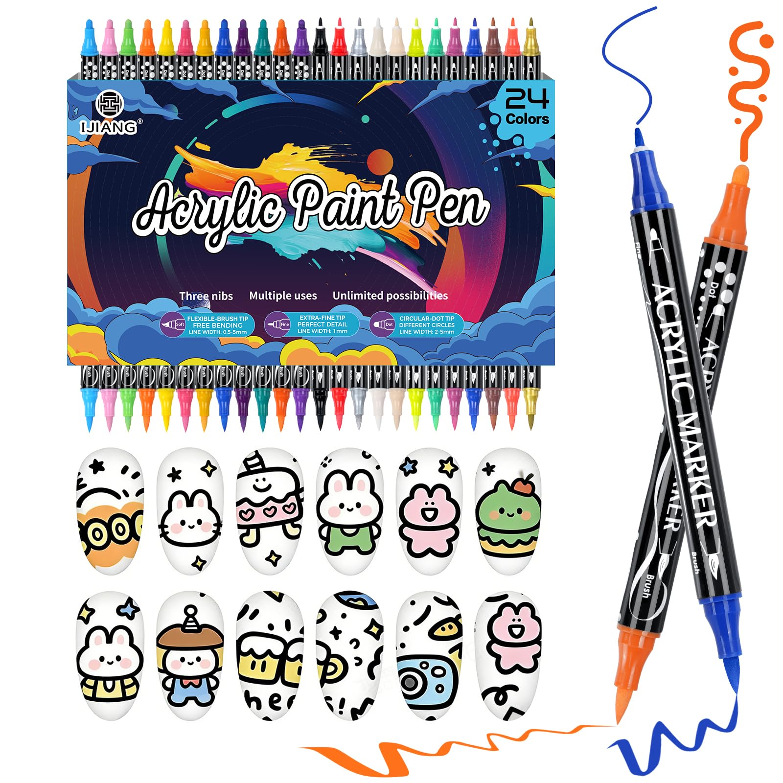 IJIANG Nail Art Pens Set Non-Toxic Quick-Drying Acrylic Paint, 24 Colors Nail Art Markers with 3Types Tips (0.5mm-5.0mm) for Diy Nail Art Tools, 3D
