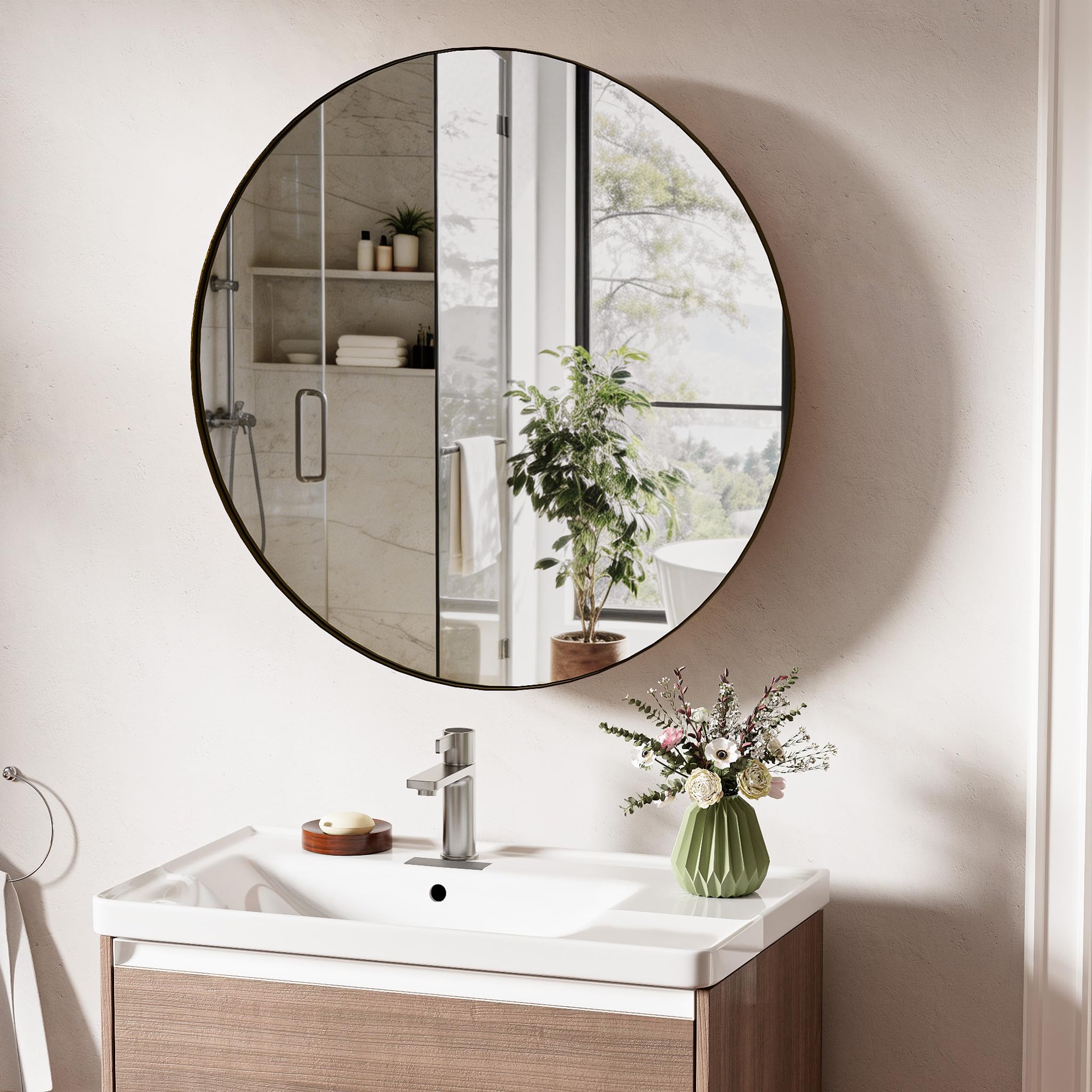 Armoire Salle de Bain avec Miroir Murale Arrondi Métal Armoire de Toilette Miroir avec 2 Étagère Noir (Aucun Assemblage requis) 52x52x12.5 cm