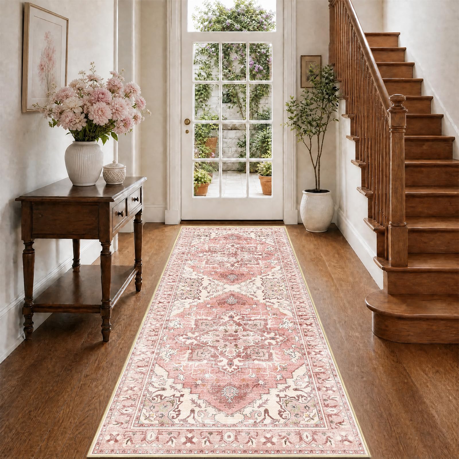 WUTONG Pink Washable Hallway Runner Rug 80 x 200 cm, Vintage Oriental
