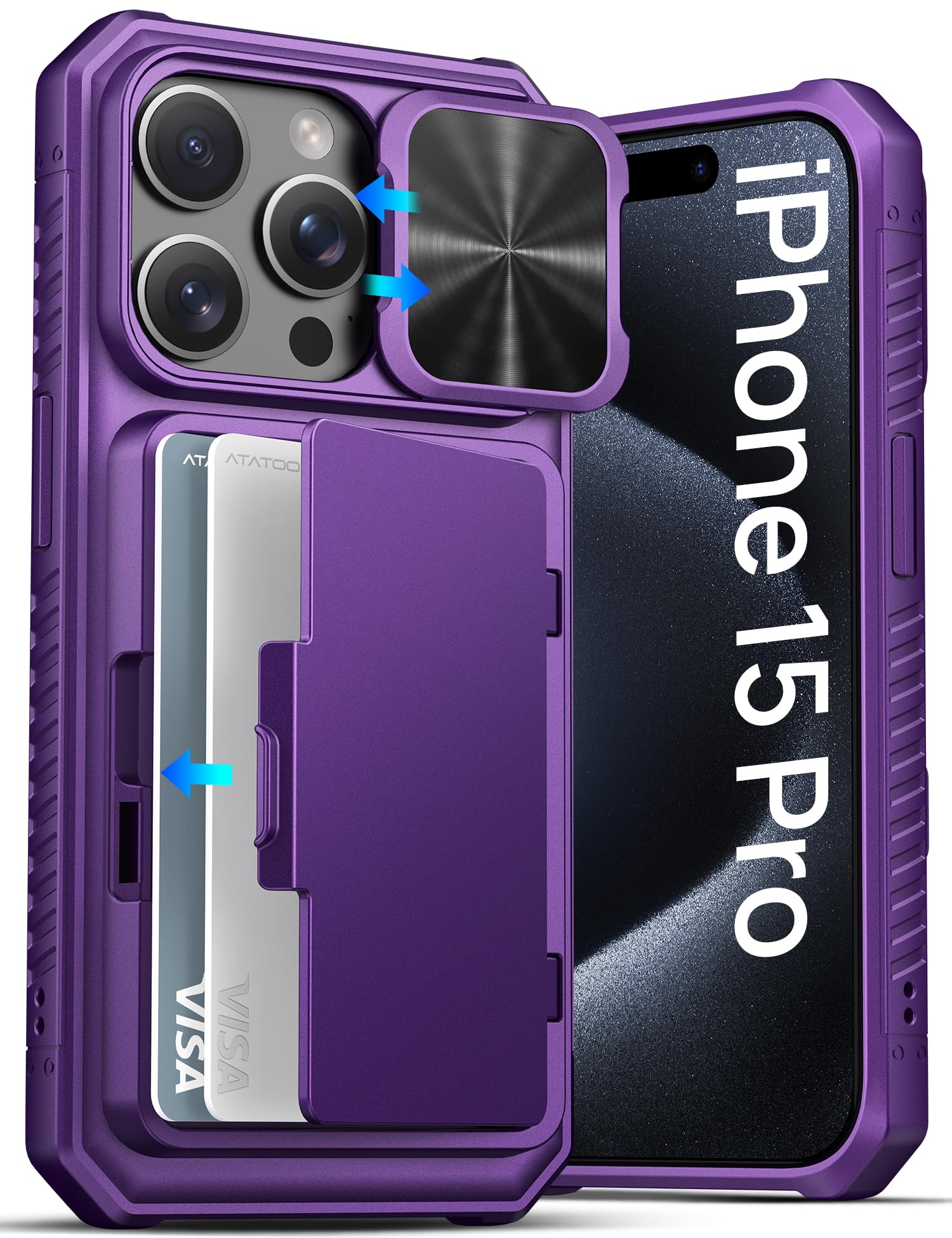 ATATOO for iPhone 15 Pro Case Wallet, Card Holder (3-5 Cards), Dark Purple