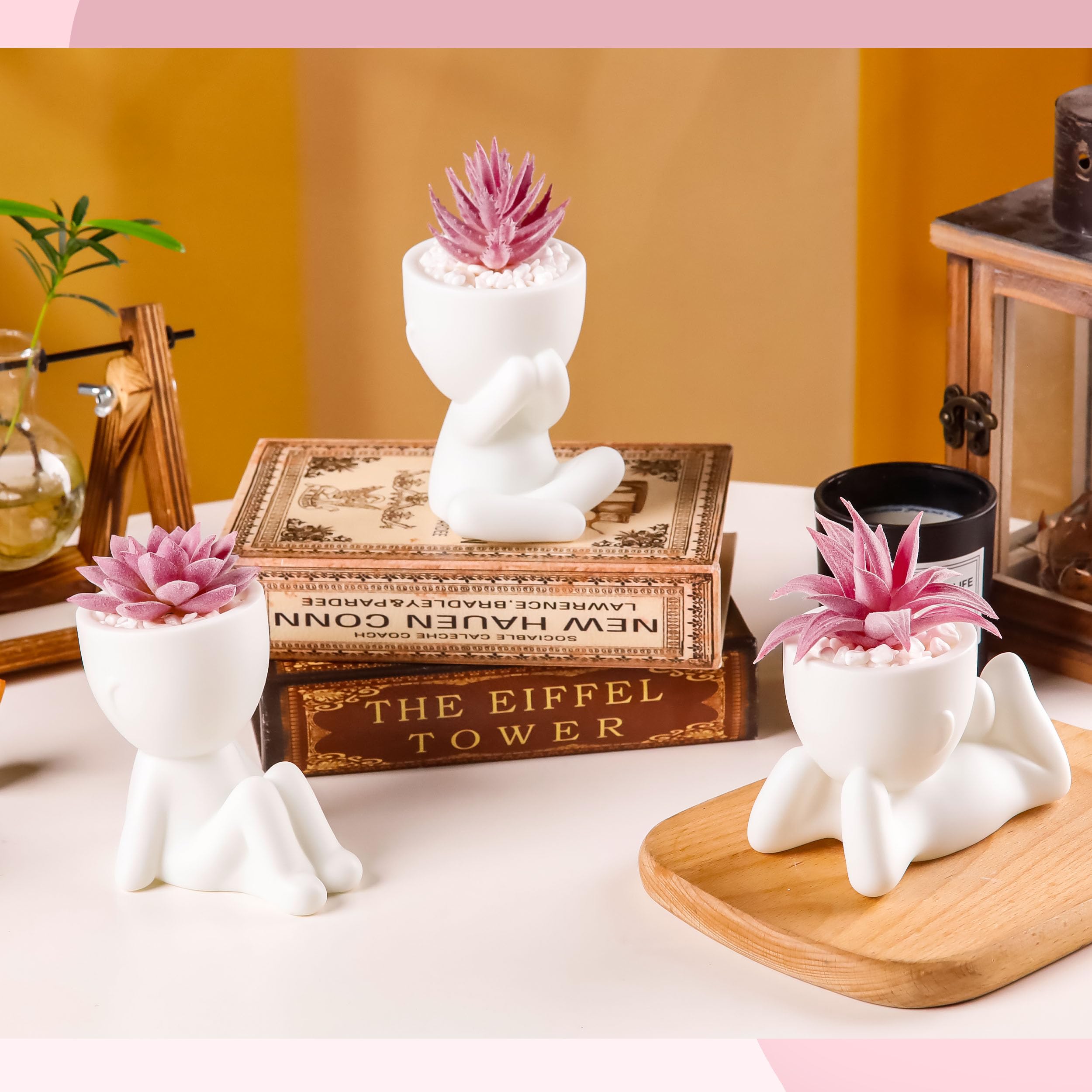 BTSD-home Set of 3 Pink Faux Succulent Plants in White Pots Mini Artificial Plants Indoor for Room Home Bedroom Bathroom Decor - Image 2