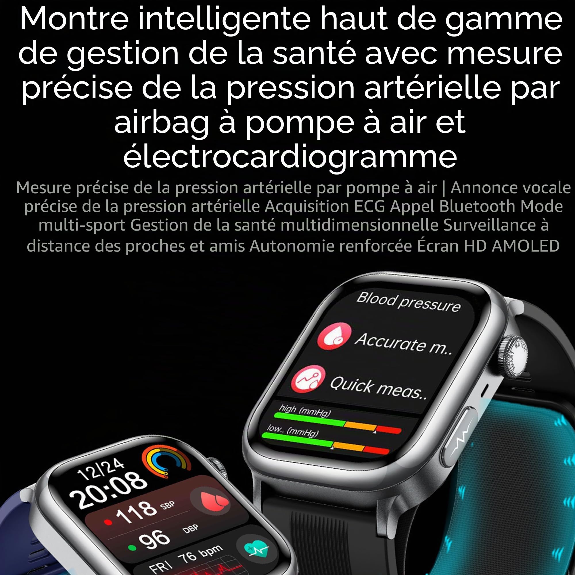 Montre Intelligente pour Homme et Femme, écran Retina AMOLED de 5,2 cm,Batterie 530 mAh, informations ECG,NFC,Bluetooth 5.3,données de Jugement assistées intelligentes AI (Noir)