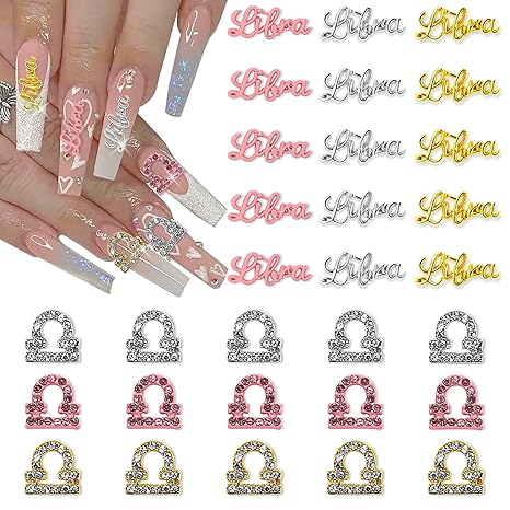 30 Pieces Gold Silver Pink Alloy Libra Zodiac Nail Charms 15pcs Symbols Sign Charms for Nails 15pcs Words Nail Charms for Women Birthday Nail Art(September 23rd October 23rd)