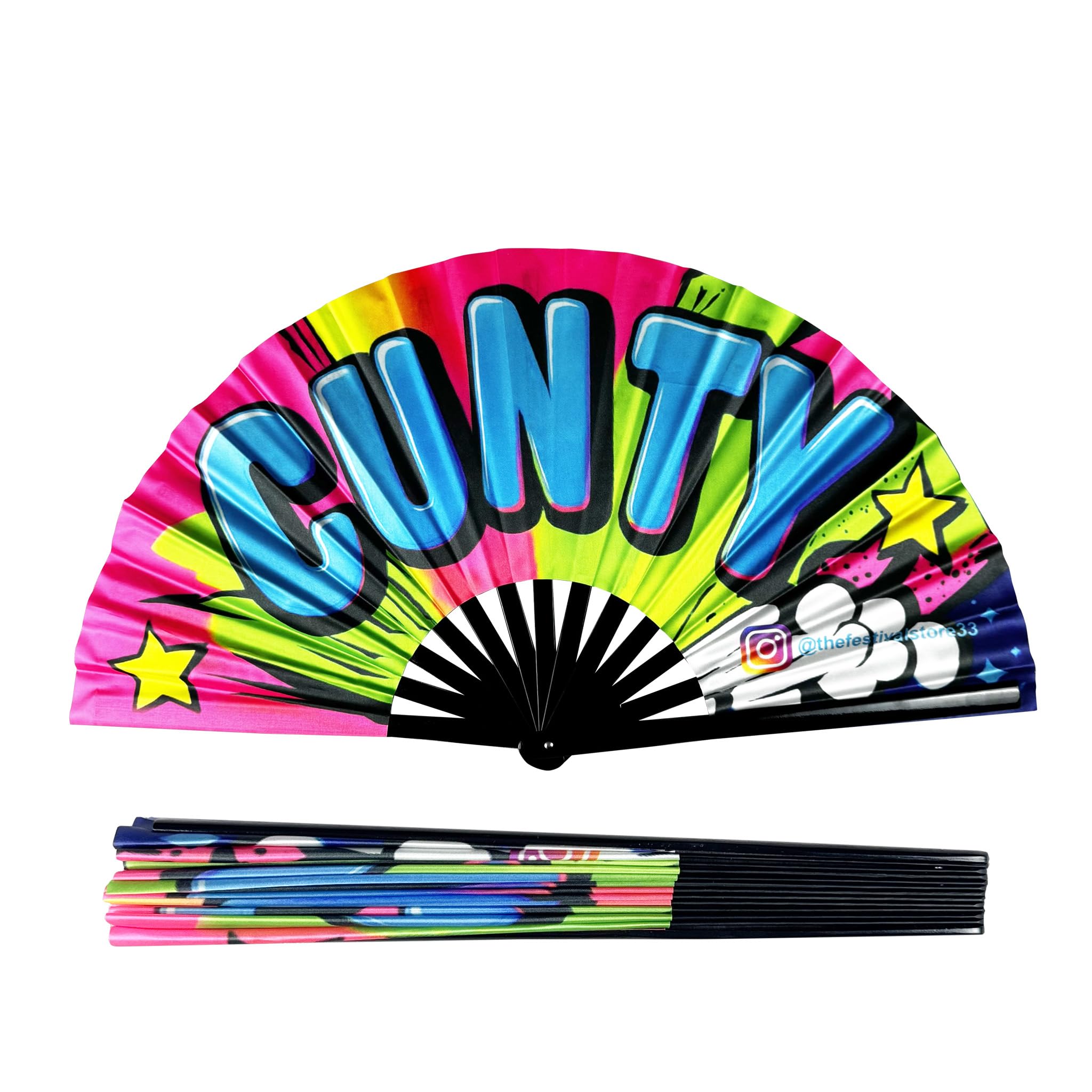 C*nty Bamboo Clack Fan 33cm (13”) – Large Folding Hand Fan – Loud Clack Festival Fan – Rave, Club, Party, Summer Essential
