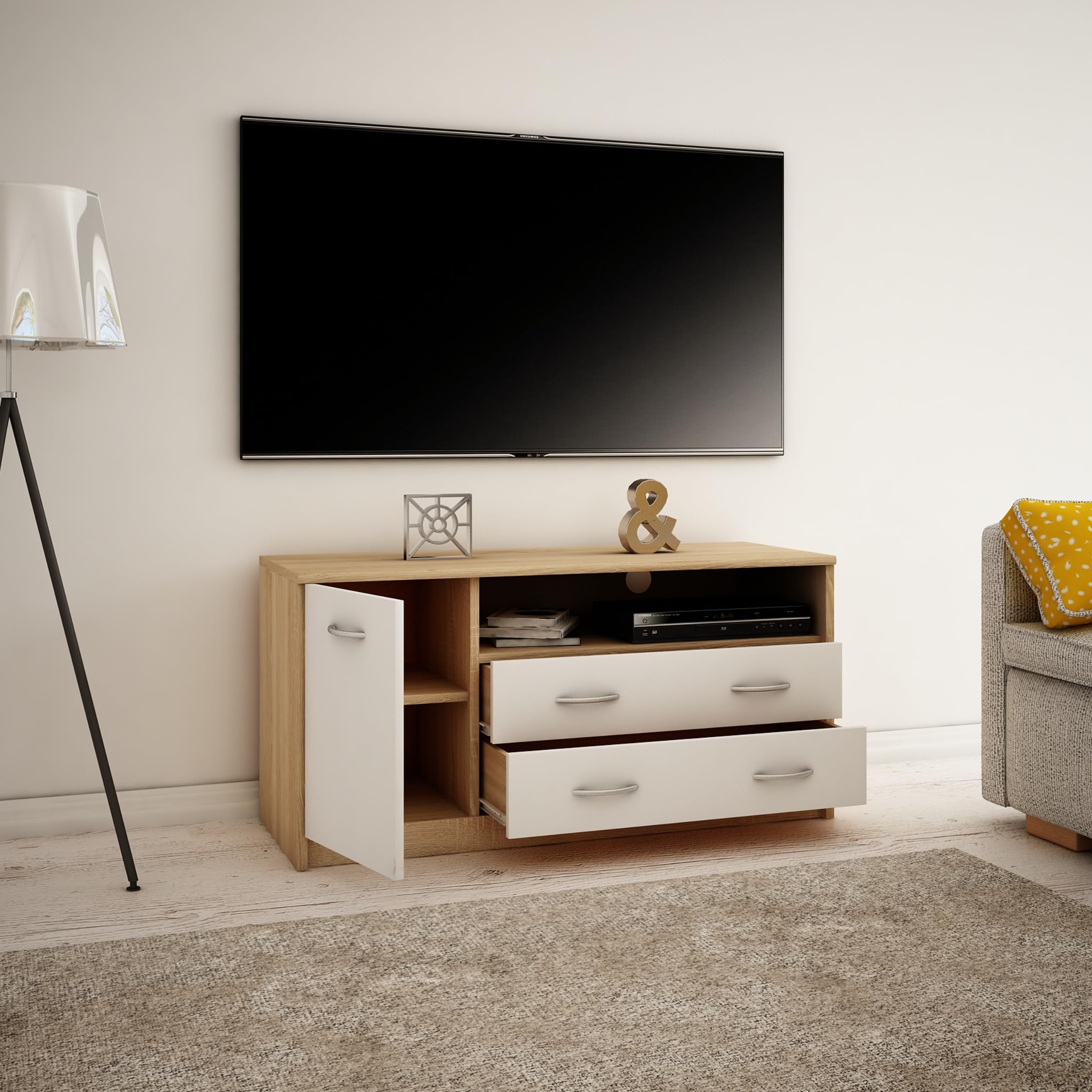 Home Collective TV-Schrank 110cm breit Lowboard in matt Fernsehtisch mit 1 Tür 2 Schubladen und 2 Regalen aus laminiertem Board abgerundete Kante und Metall-Rollschienen Fernsehkommode Sonoma weiß