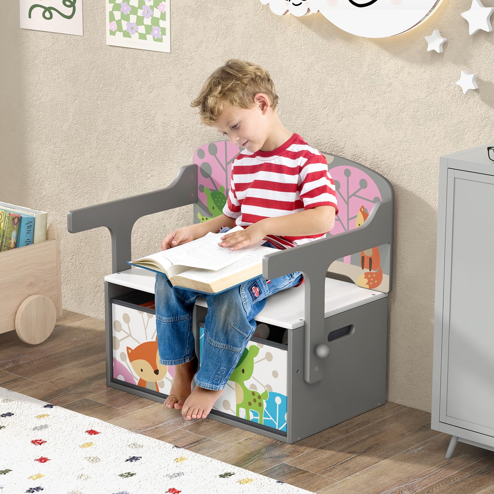 COSTWAY 3-IN-1 Kindertisch mit Sitzbank, Kindersitzgruppe mit 2 abnehmbaren Körben, Kindersitzbank mit stauraum, Spielzeugtruhe mit Rückenlehne, Sitztruhe Truhenbank für Kinderzimmer (Grau)