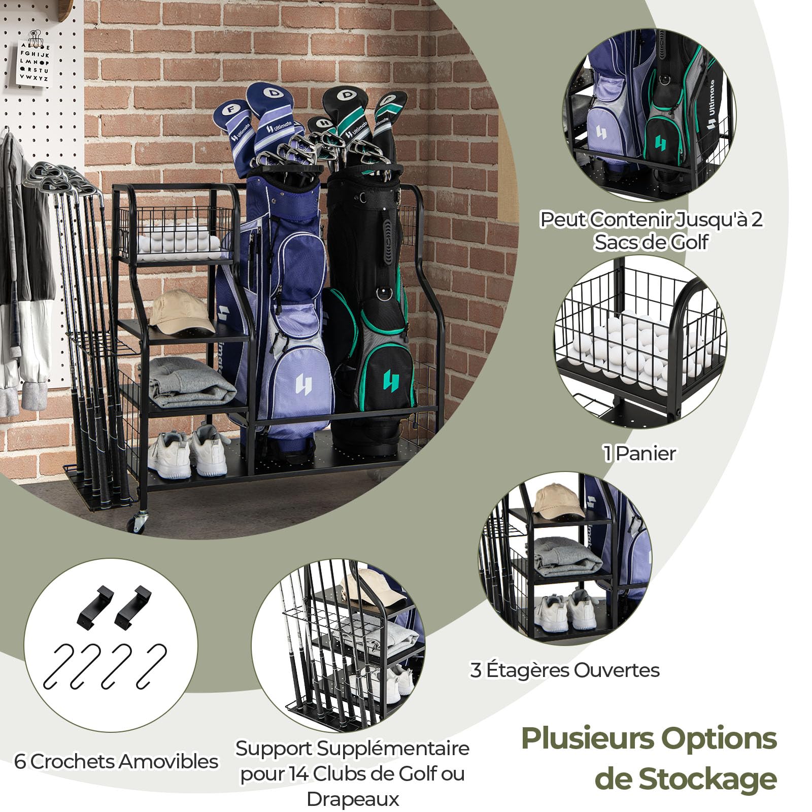 GYMAX Organisateur Rangement pour Clubs de Golf avec 4 Roues Verrouillables, Rangement de Sac et Accessoires de Golf avec Étagère et Crochets