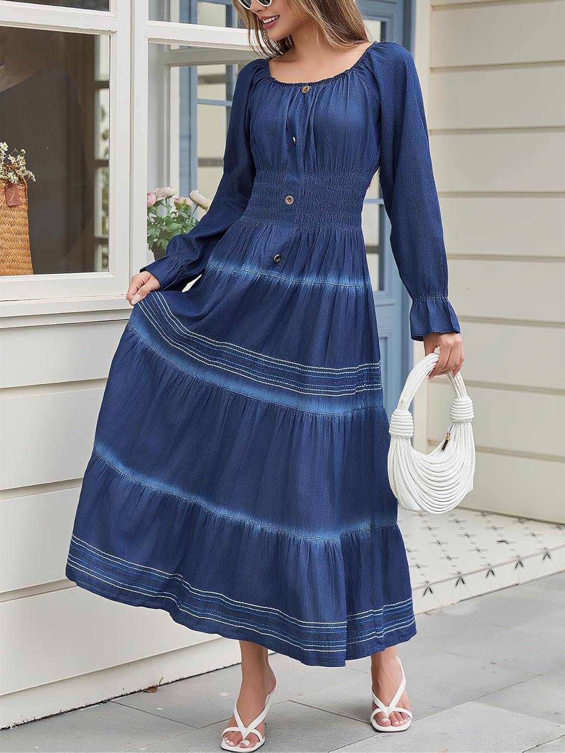 DREFBUFY Women's Elegant Scoop Neck Ruffle Puff Long Sleeve Denim Elastic Waist A-line Cotton Flowy Long Maxi Dress - Image 3