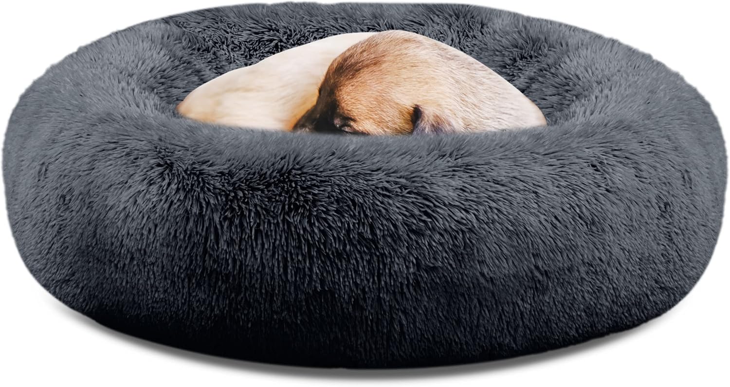 SAVFOX Calming Dog Bed, Anti Anxiety Dog Bed, Plush Donut Dog Bed for