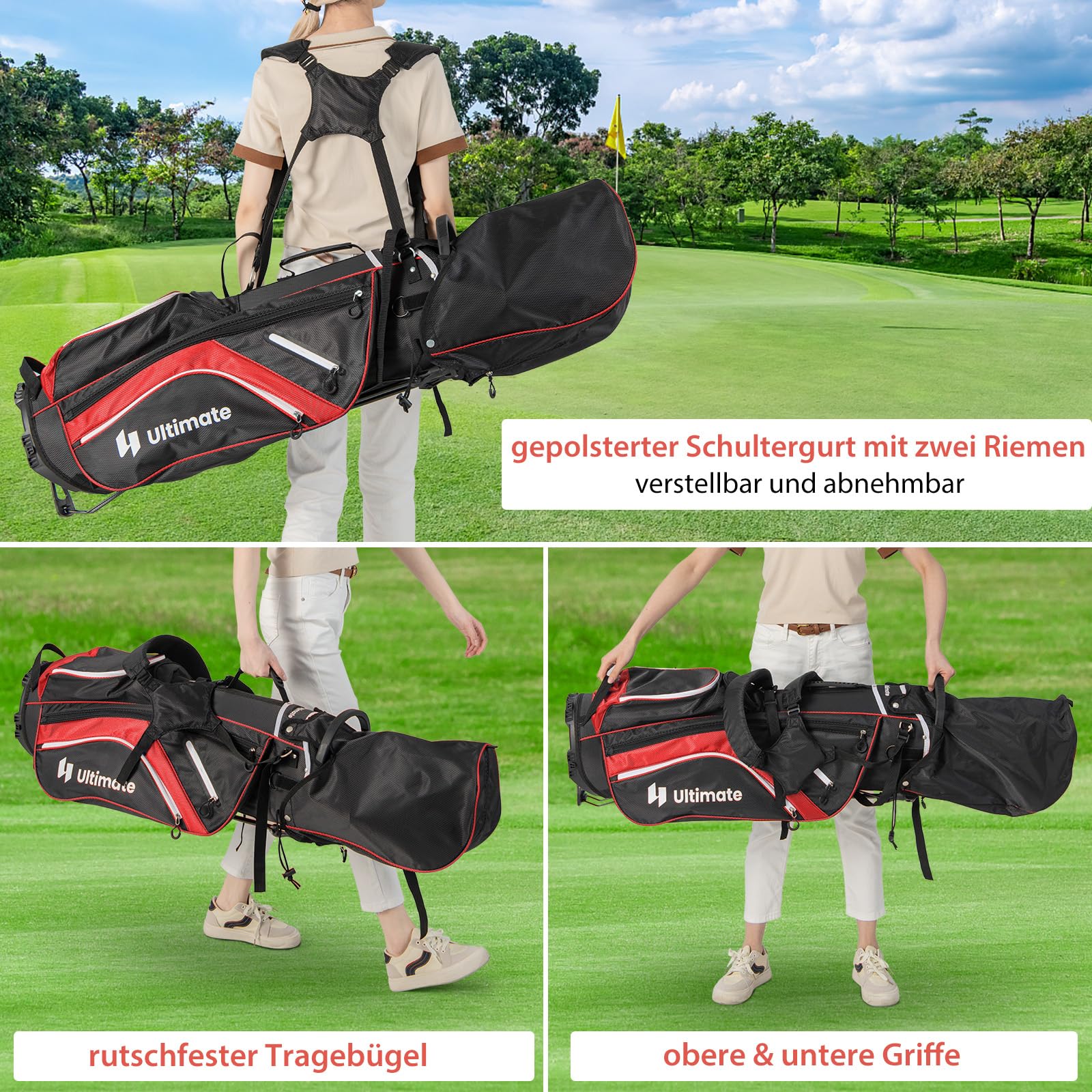 GYMAX Golf-Standtasche tragbar, Golftasche mit 14 Fächern & 6 Taschen, Golftaschenständer mit Regenhaube & Tragegriff, Standbag für Herren & Damen