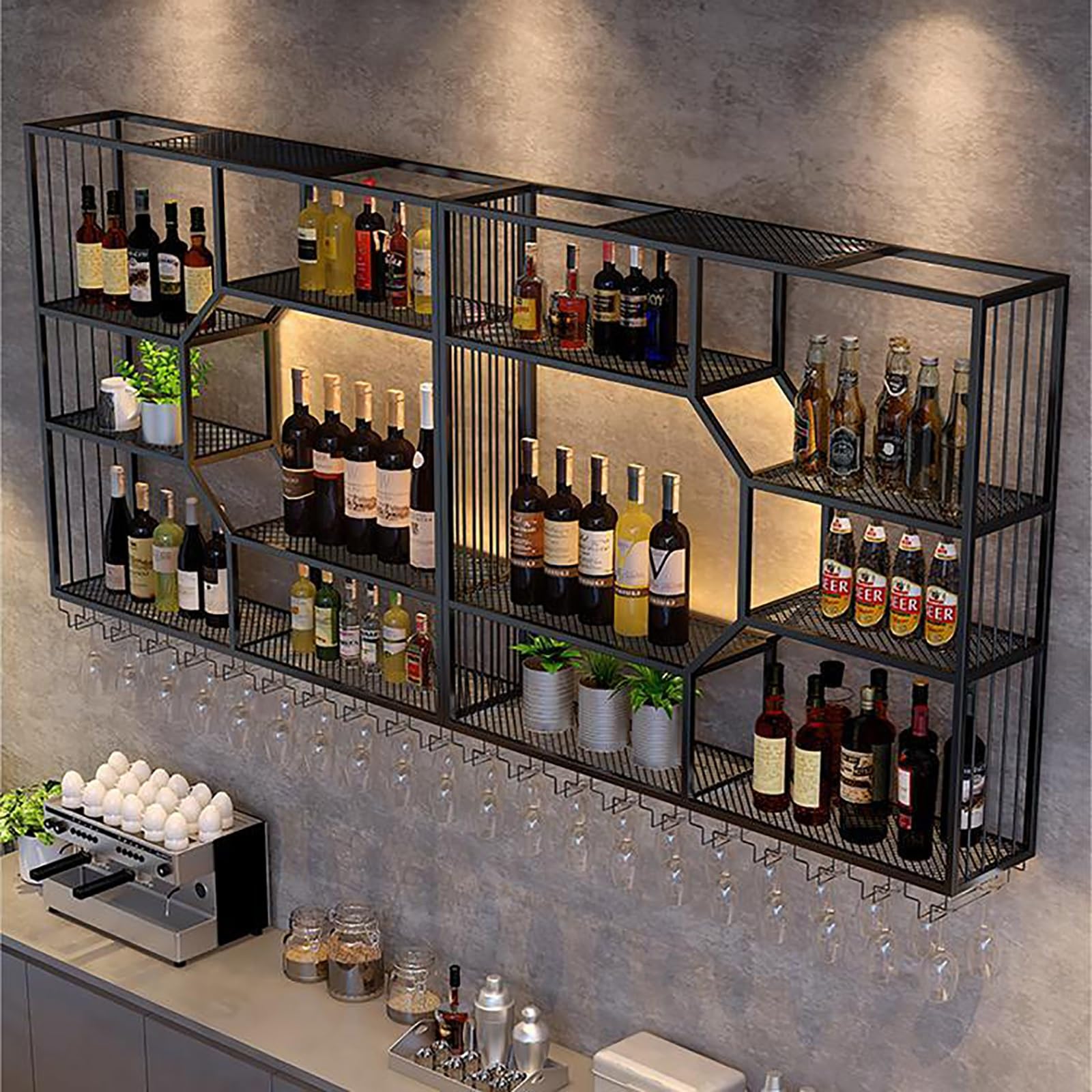 Botellero de metal montado en la pared con luz LED, estante de hierro para licor y soporte de vidrio, gran almacenamiento flotante para cocina y sala de estar, estante de exhibición de botellas negro